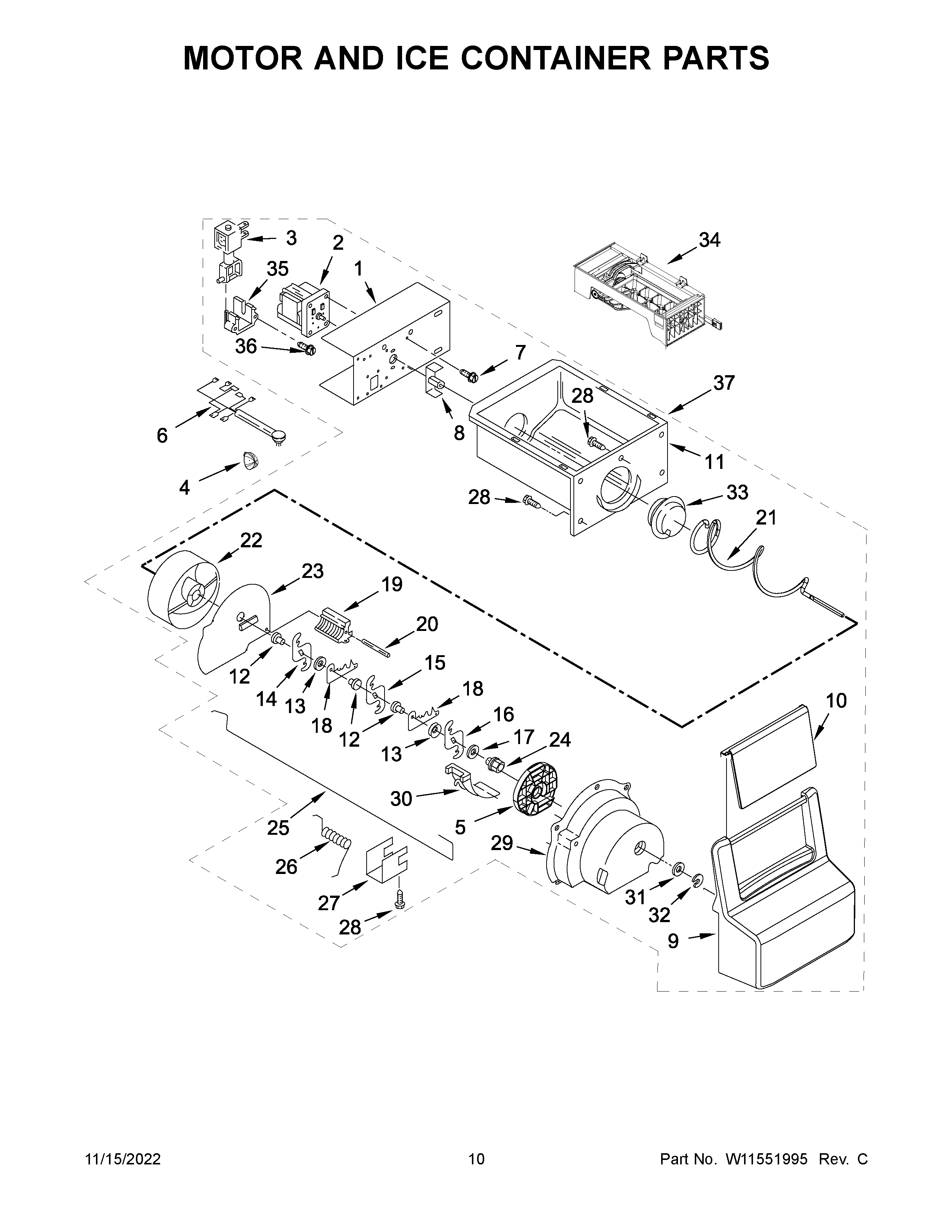 Amana ASI2175GRW07 motor and ice container parts diagram