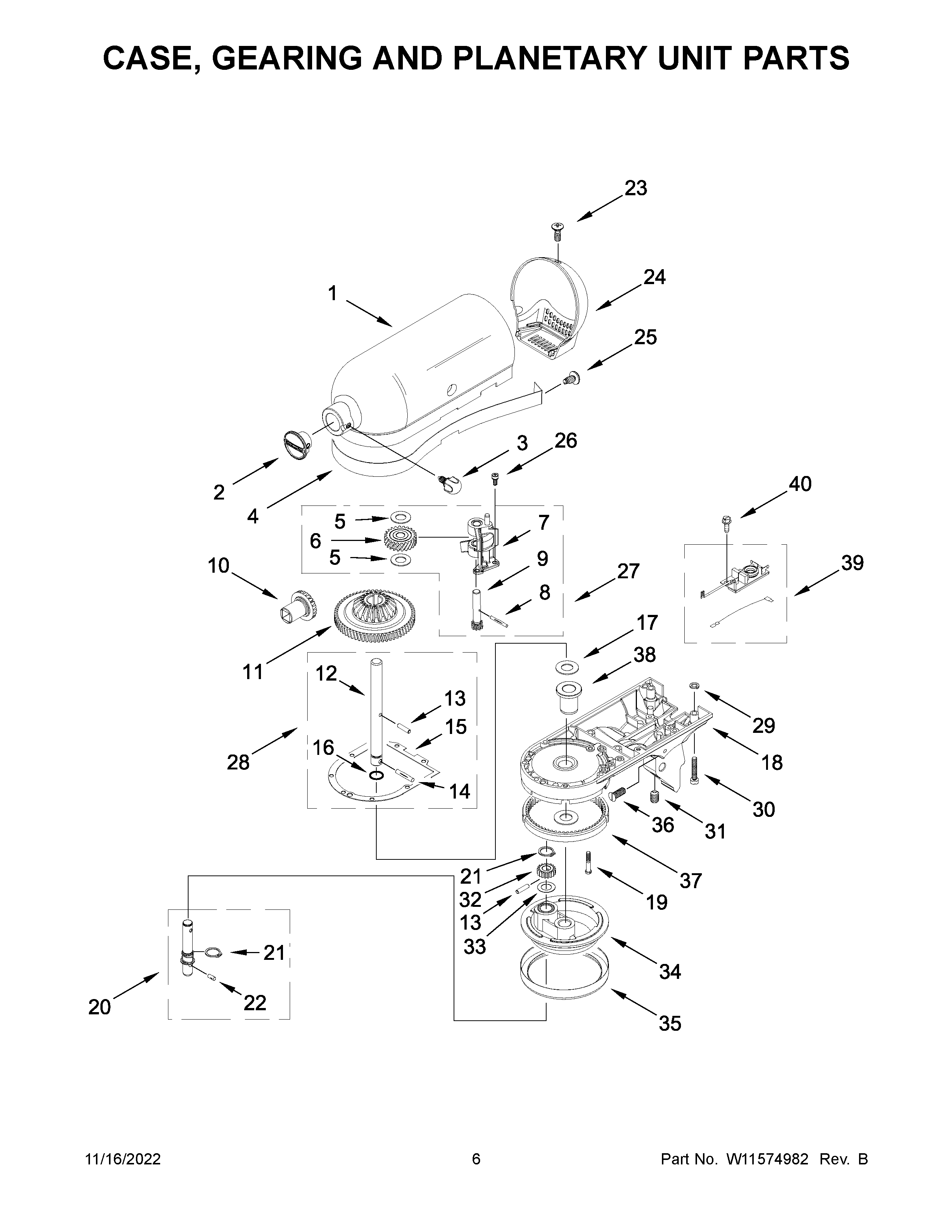 KitchenAid 5KSM195PSZBE0 case, gearing and planetary unit parts diagram