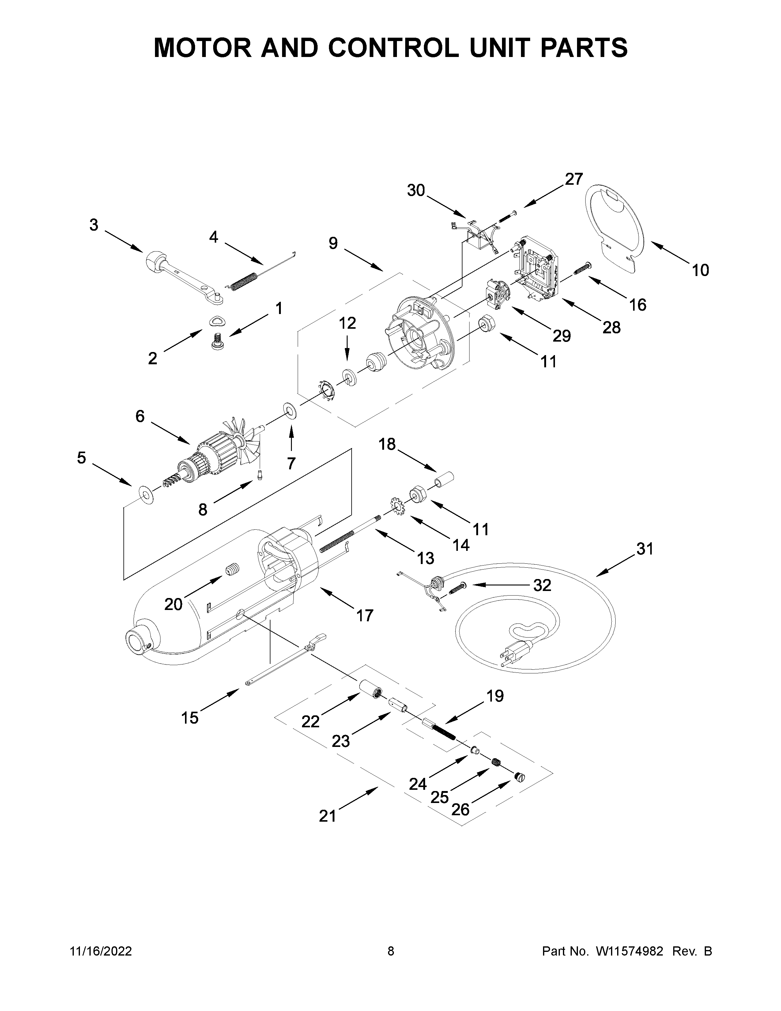 KitchenAid 5KSM195PSZBE0 motor and control unit parts diagram