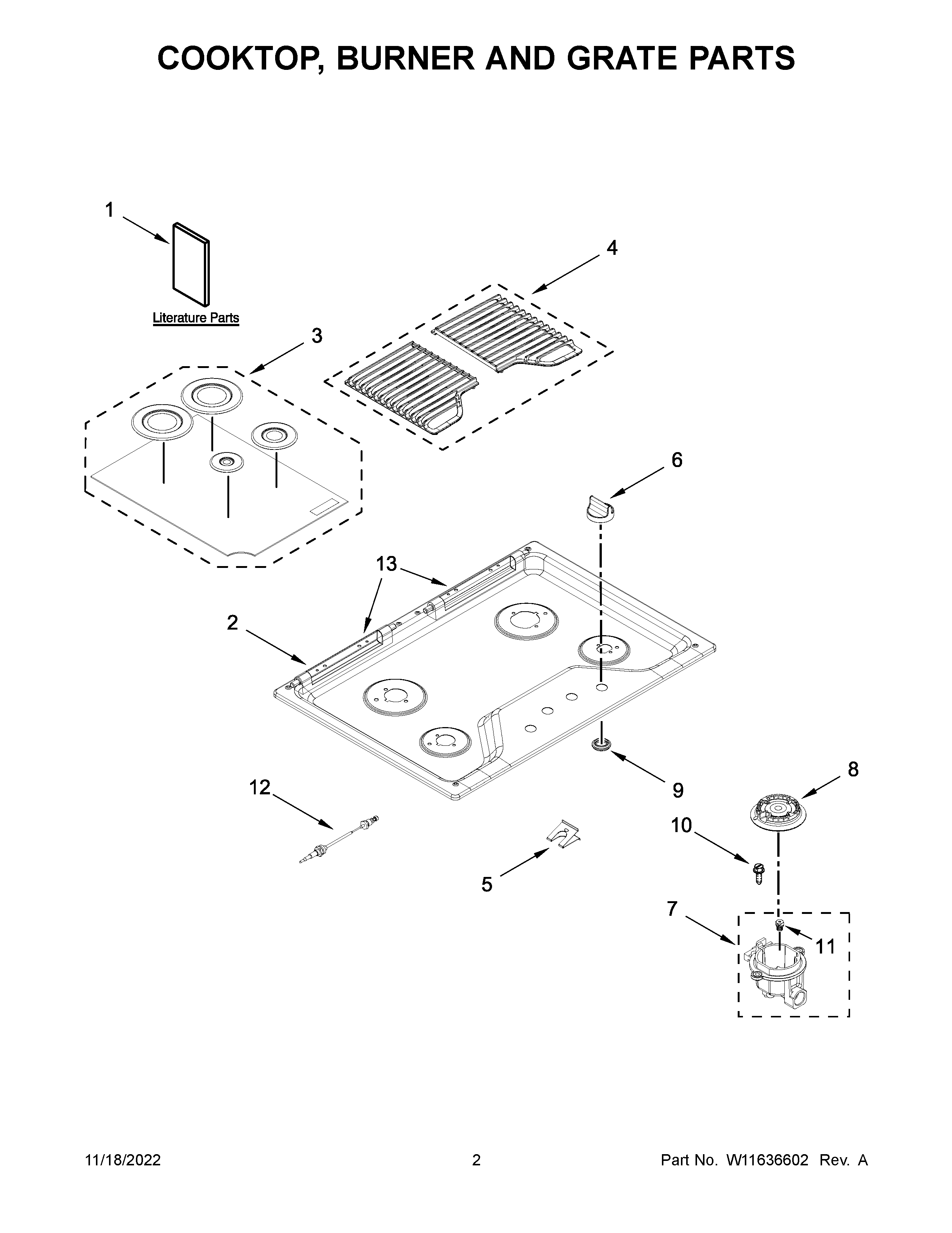 Whirlpool WCG55US0HB05 cooktop, burner and grate parts diagram