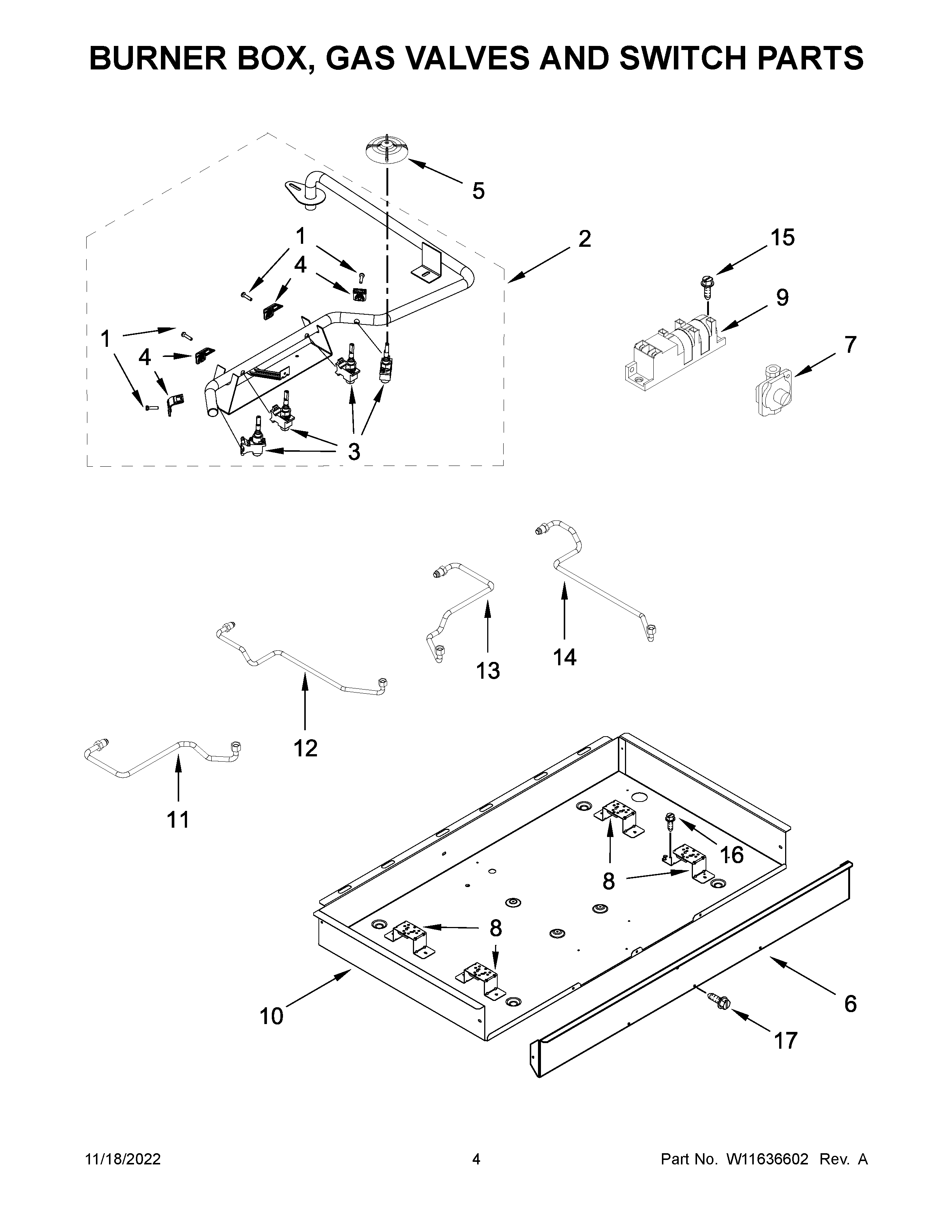 Whirlpool WCG55US0HB05 burner box, gas valves and switch parts diagram