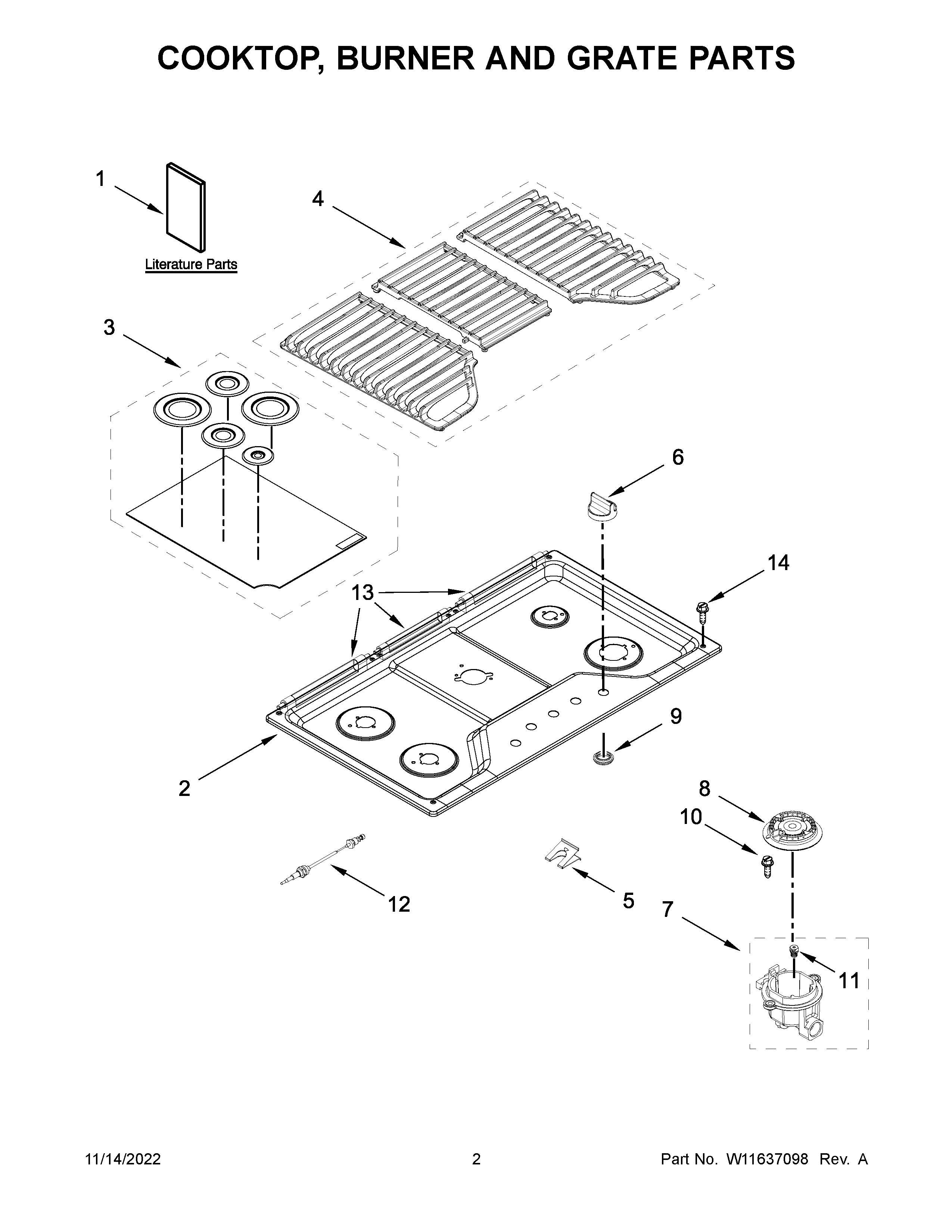 Whirlpool WCG55US6HS05 cooktop, burner and grate parts diagram