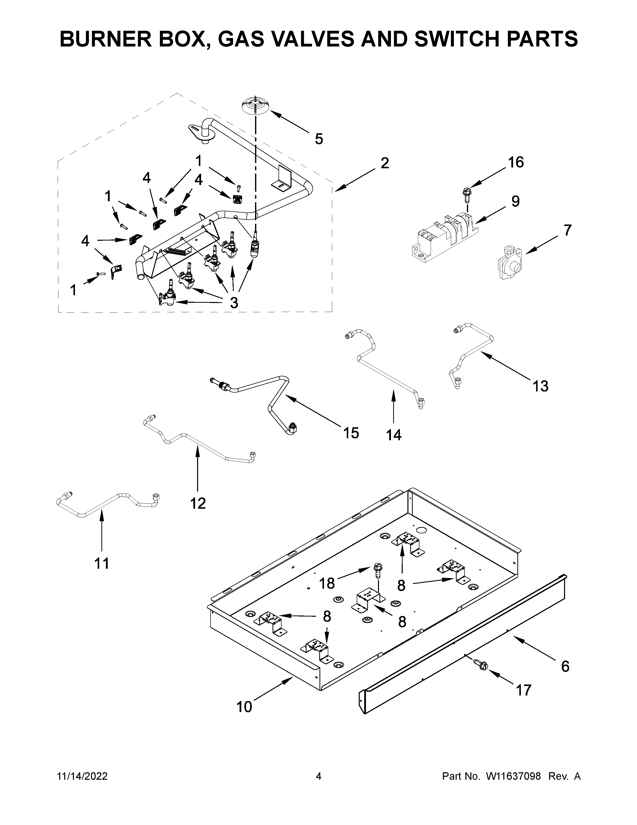 Whirlpool WCG55US6HS05 burner box, gas valves and switch parts diagram