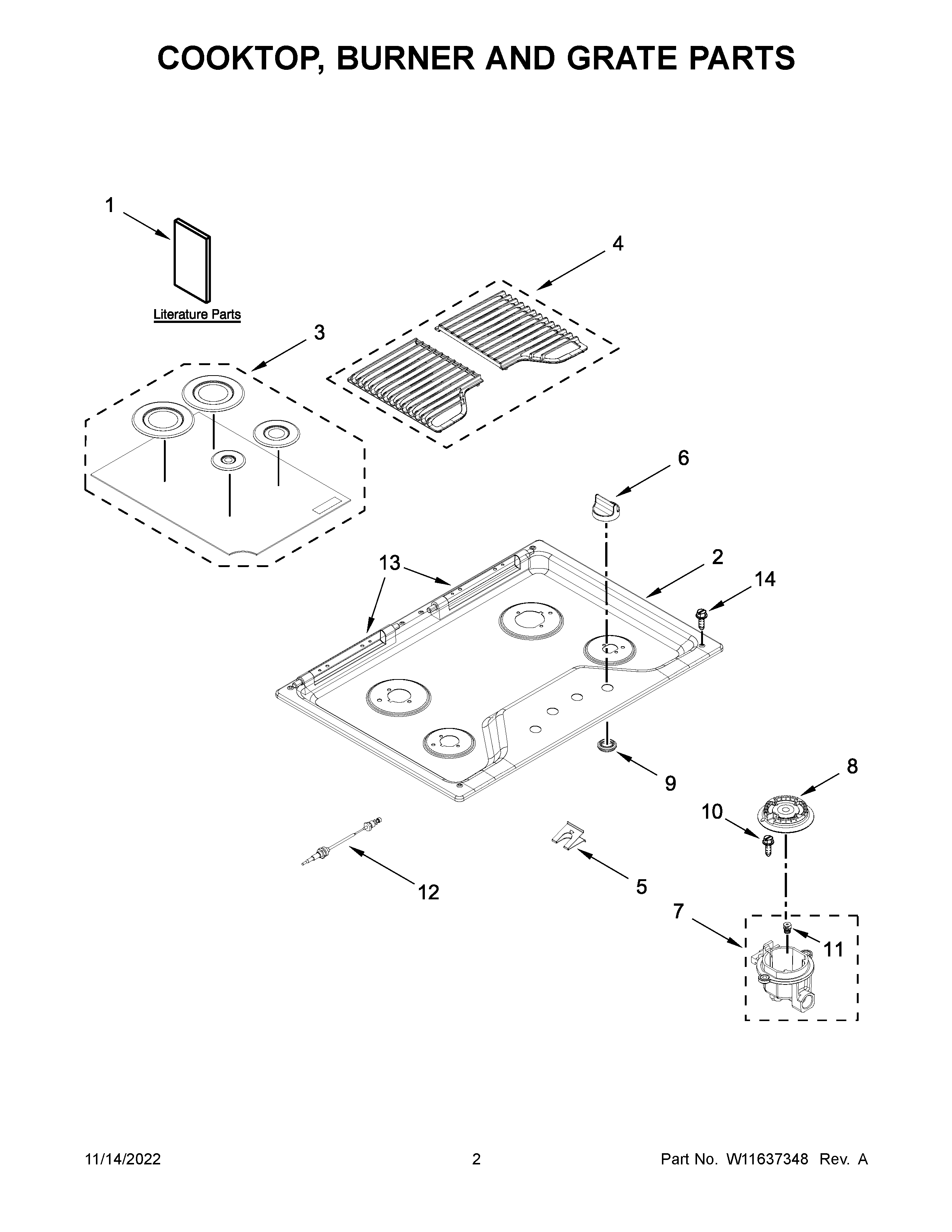 Whirlpool WCG55US0HS05 cooktop, burner and grate parts diagram