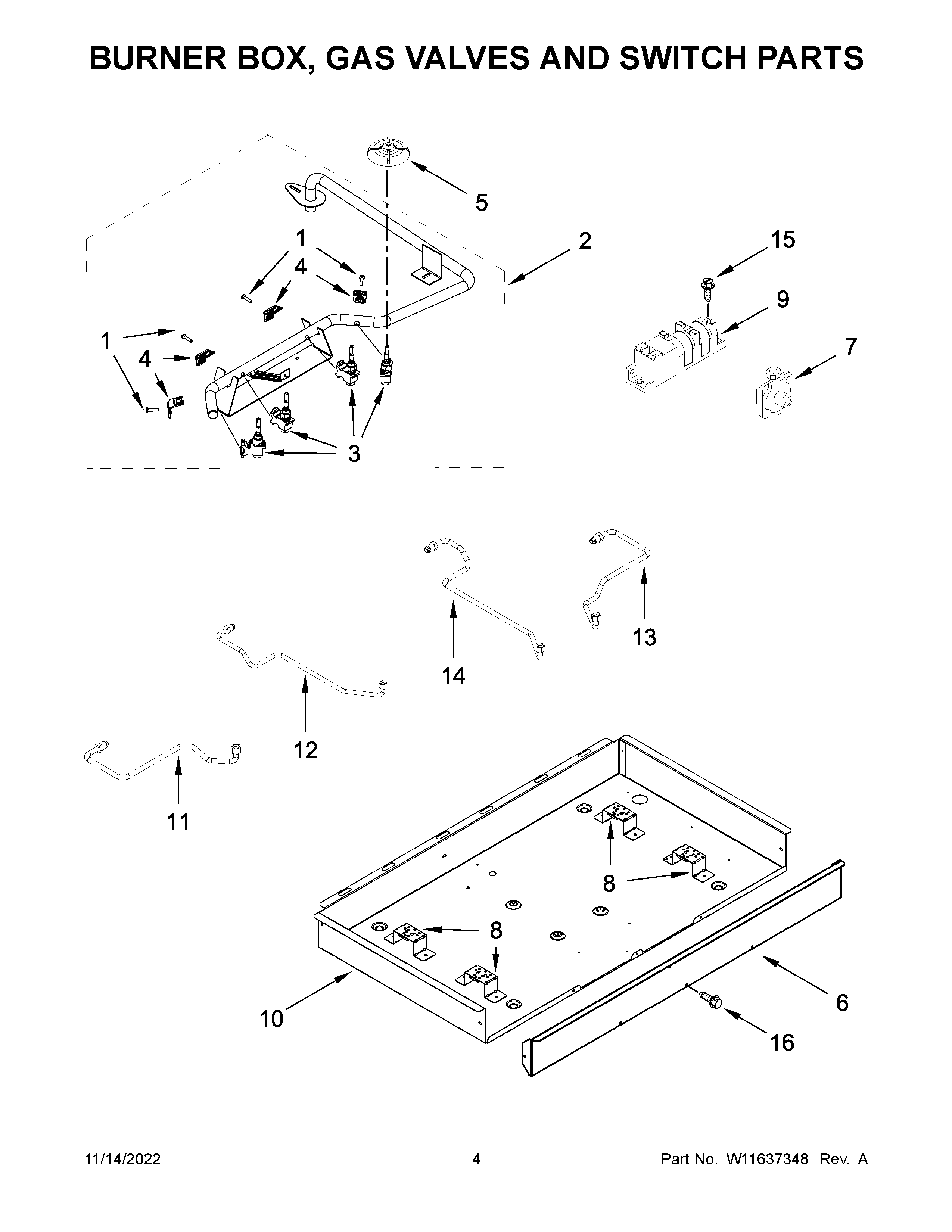 Whirlpool WCG55US0HS05 burner box, gas valves and switch parts diagram