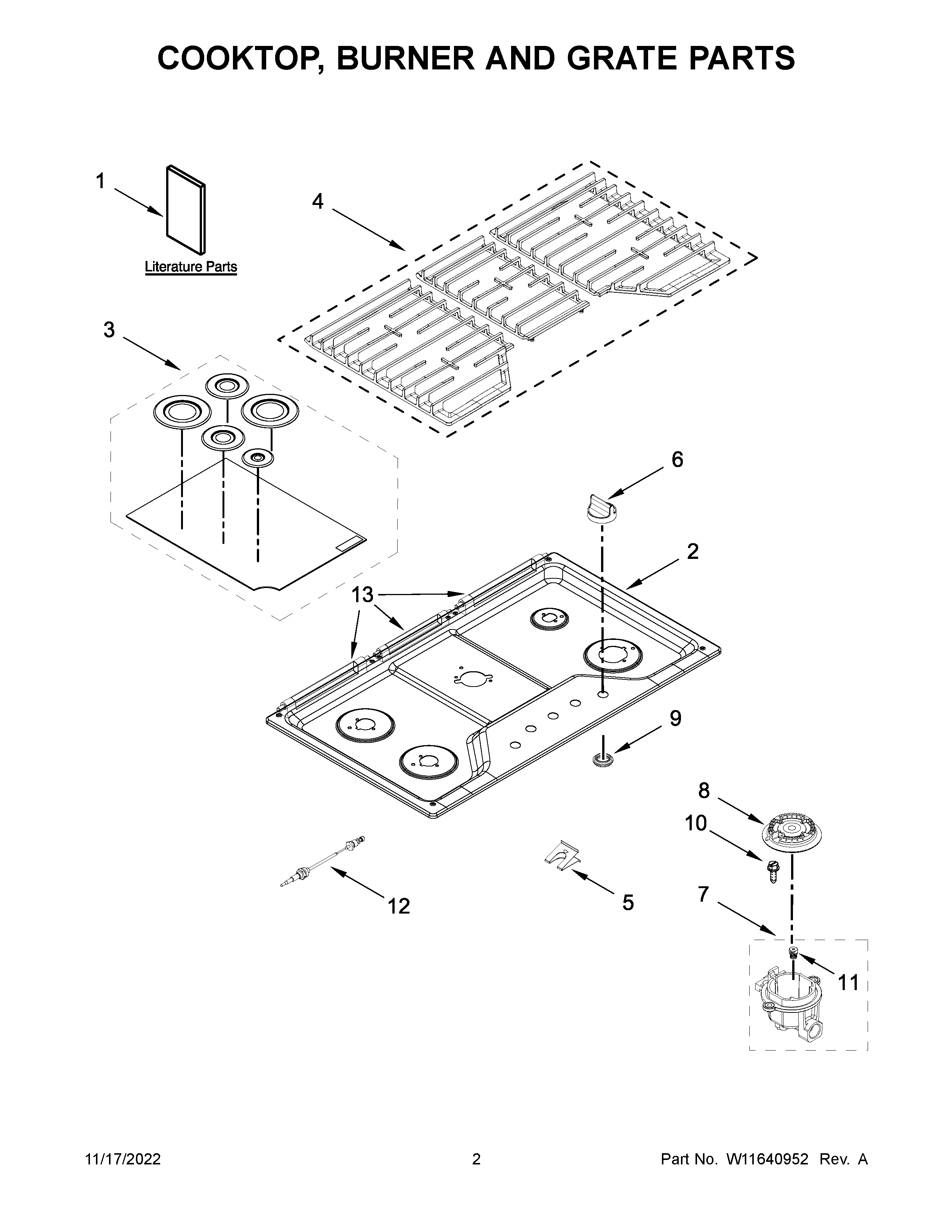 Whirlpool WCG55US6HW05 cooktop, burner and grate parts diagram