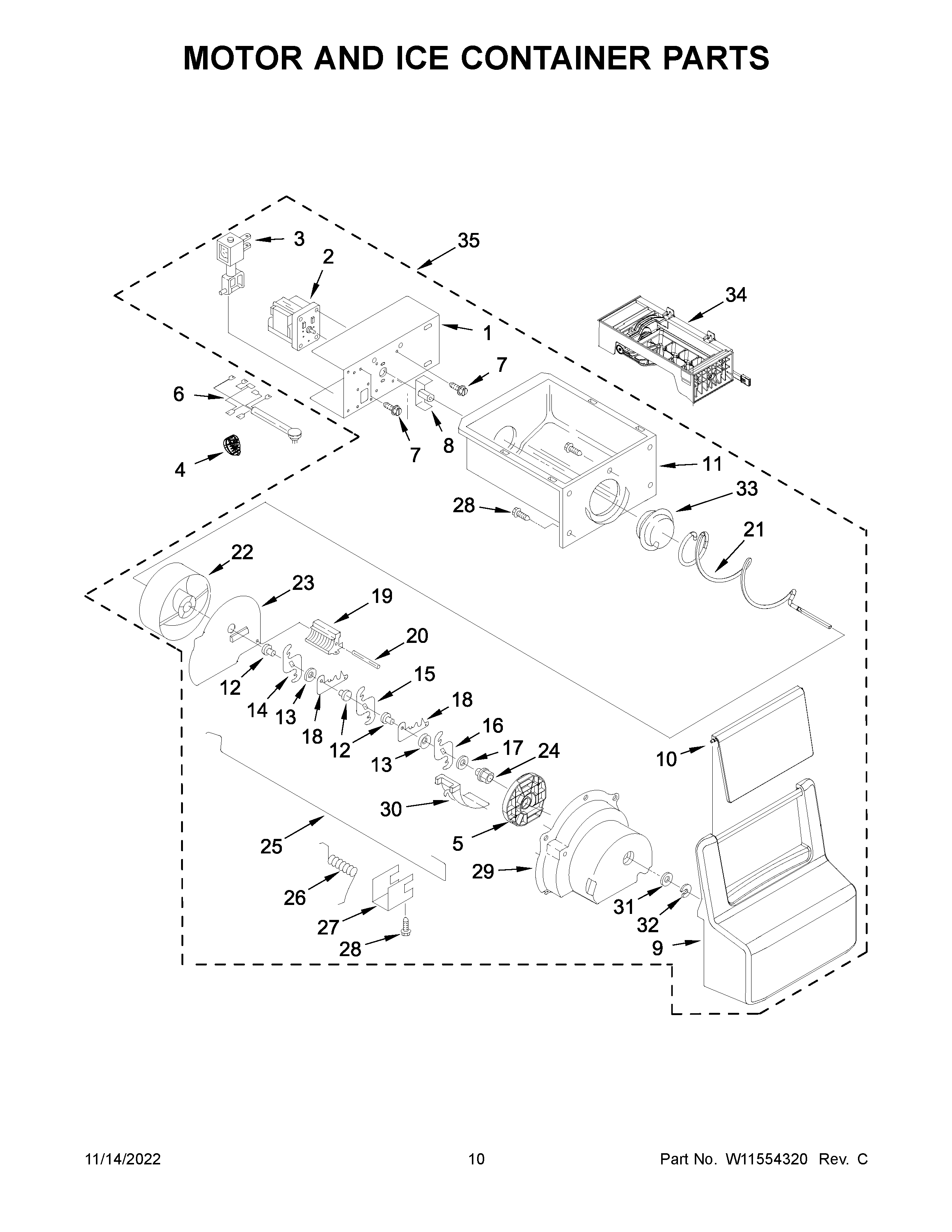 Amana ASI2575GRS08 motor and ice container parts diagram