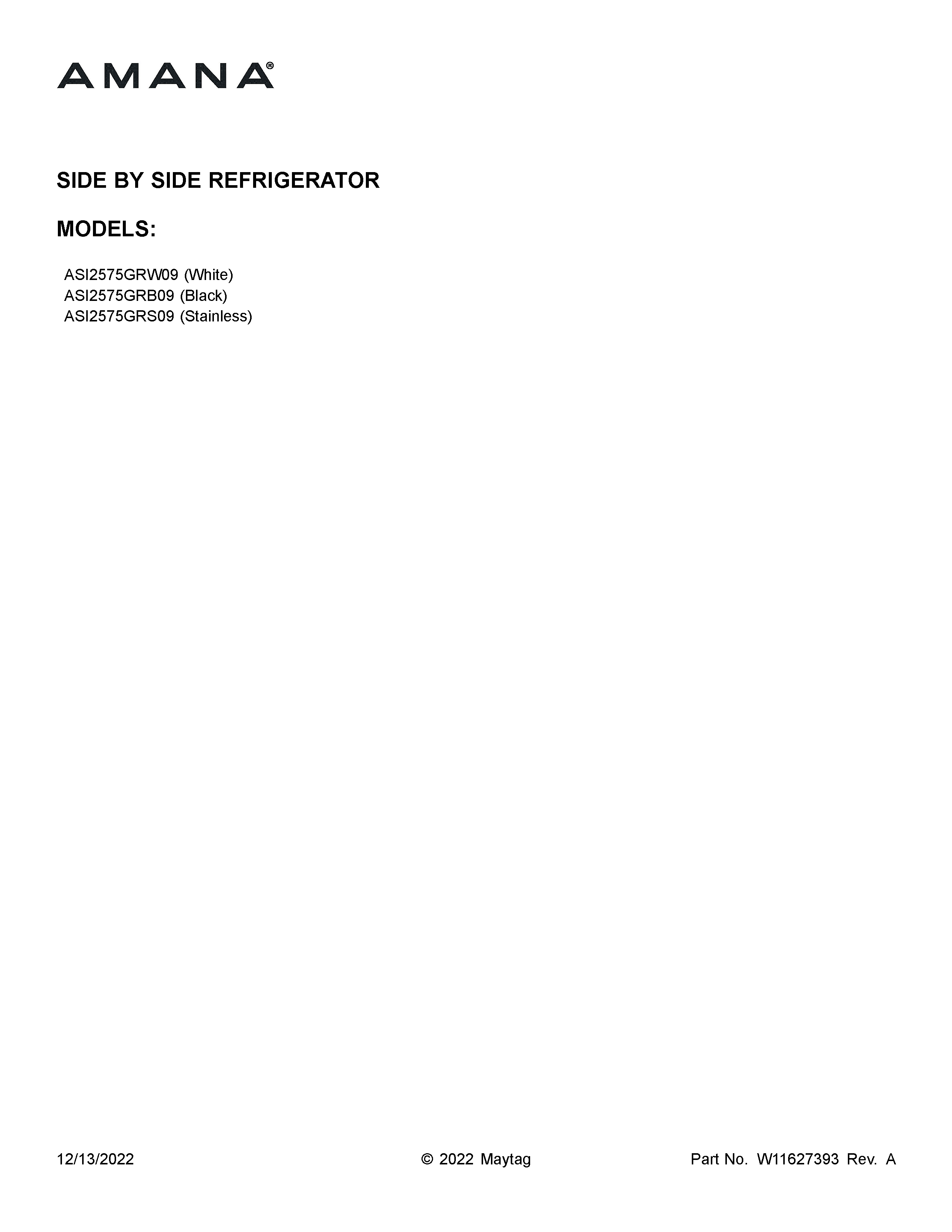 Amana ASI2575GRB09 cover sheet diagram