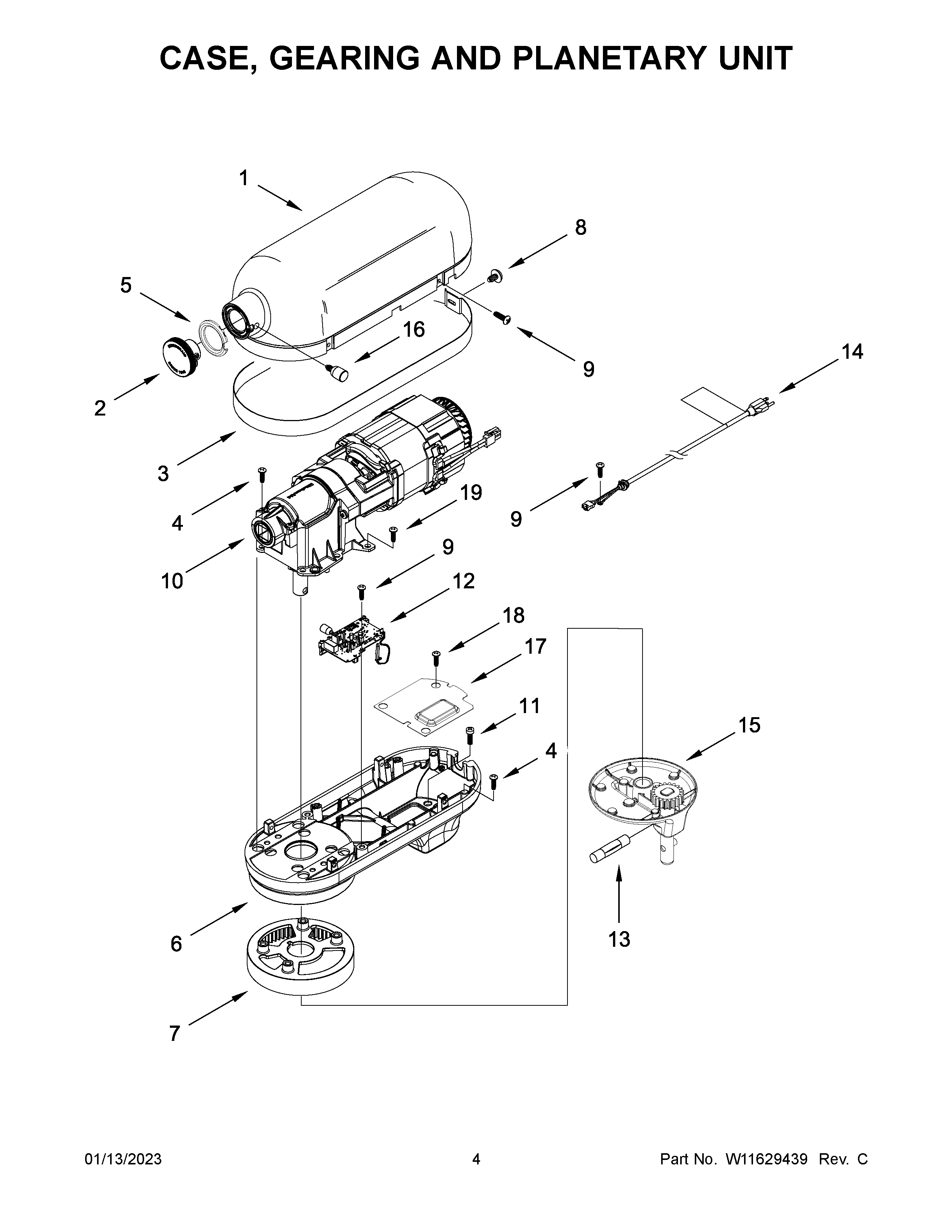 KitchenAid 5KSM70SHXBCA0 case, gearing and planetary unit diagram