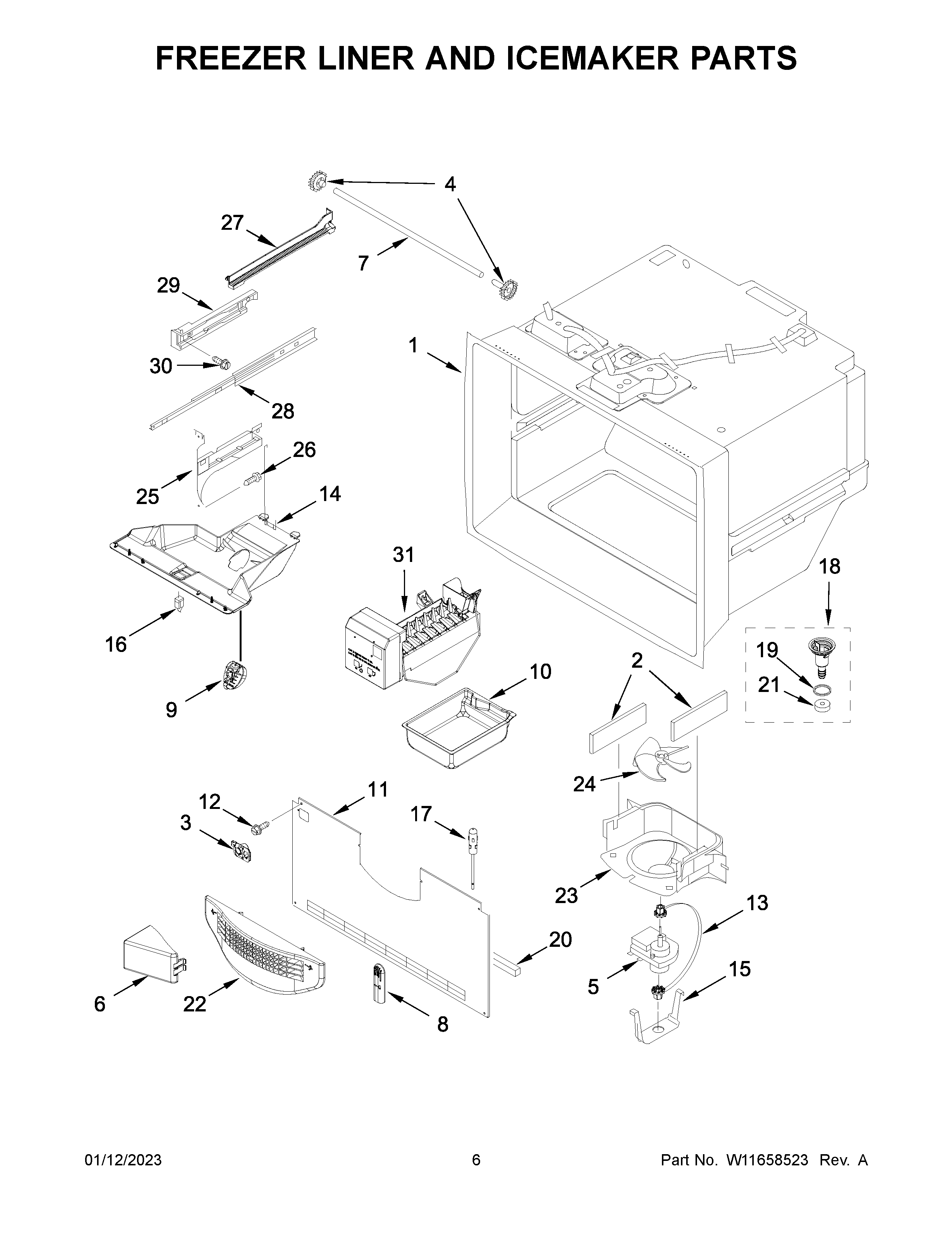 Whirlpool WRFF5333PB00 freezer liner and icemaker parts diagram