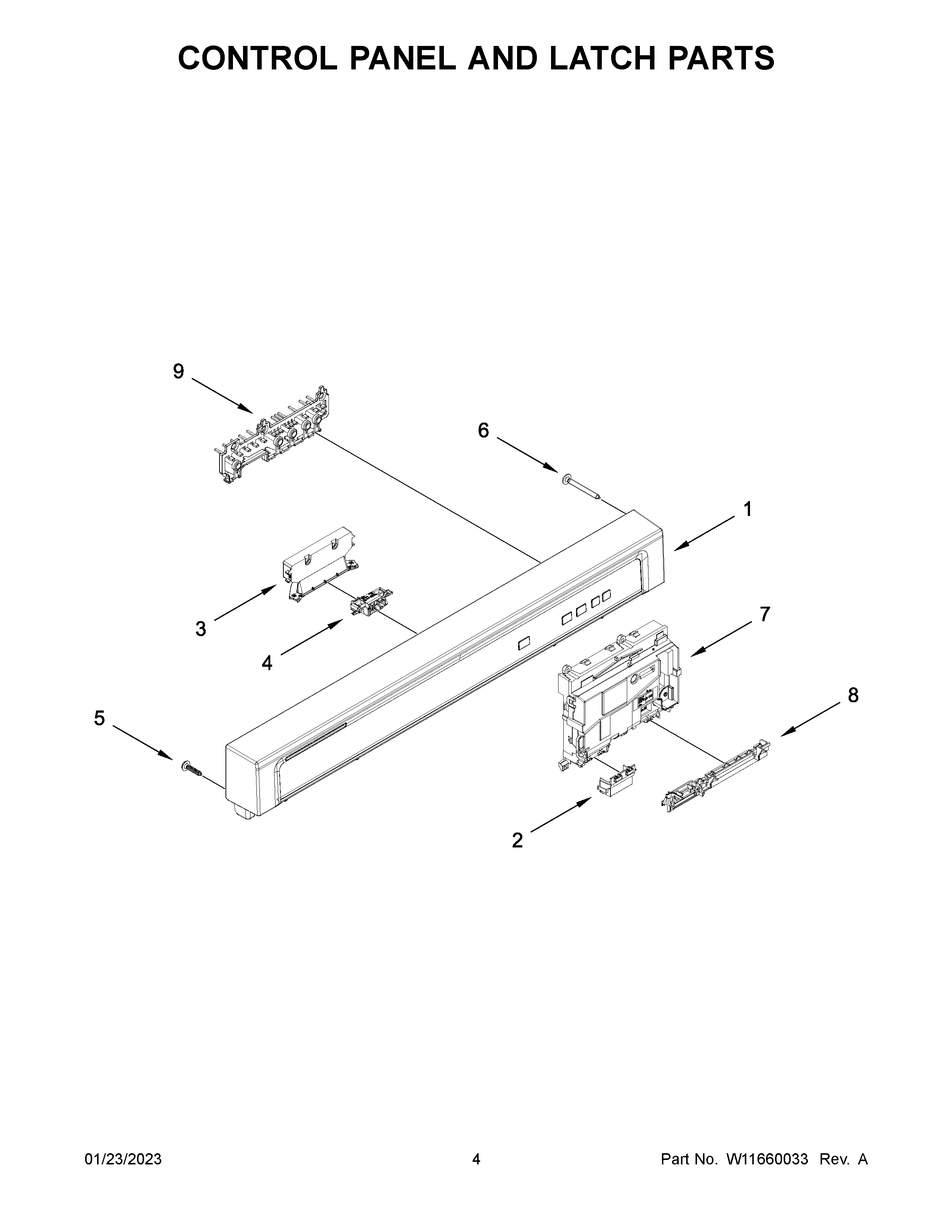 Whirlpool WDF340PAMT0 control panel and latch parts diagram