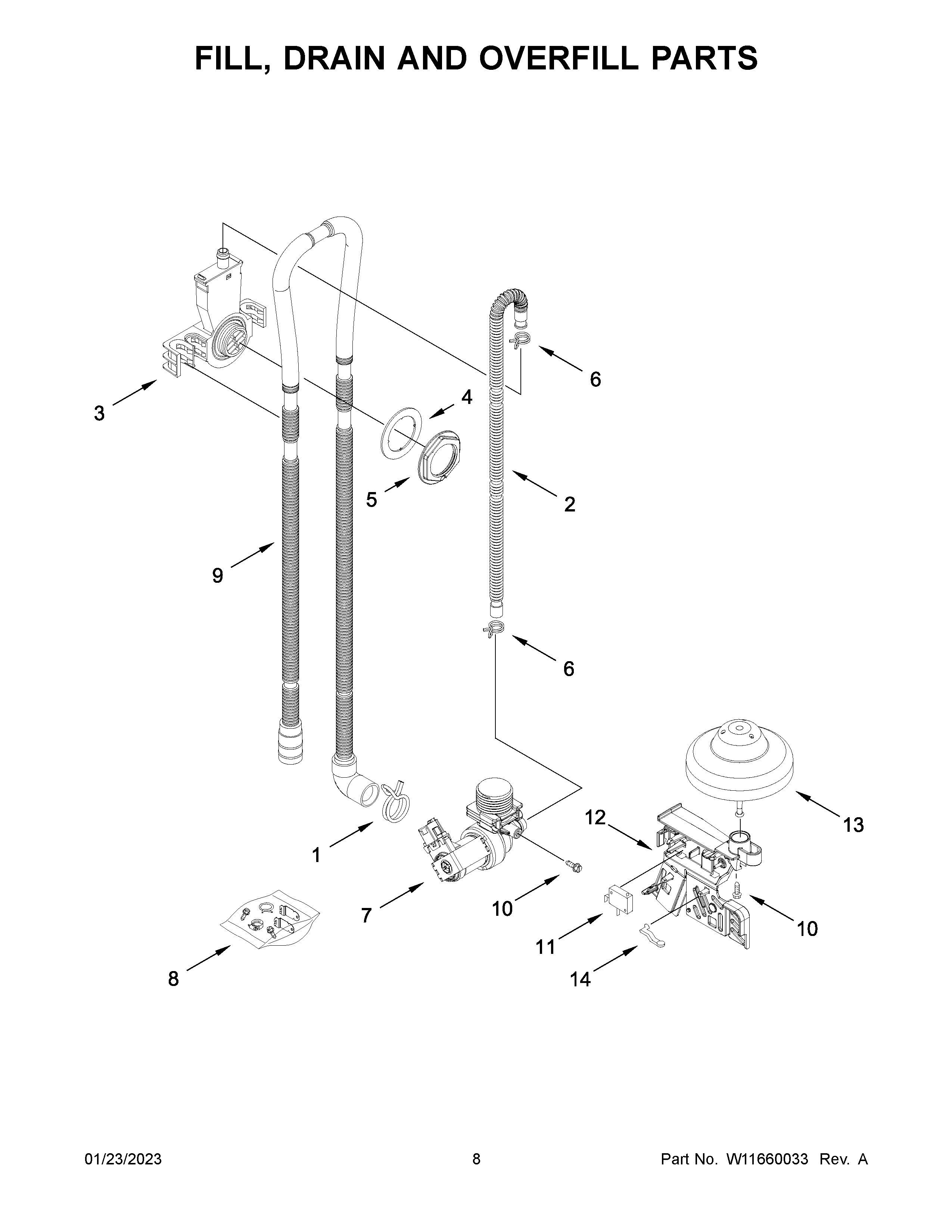 Whirlpool WDF340PAMT0 fill, drain and overfill parts diagram