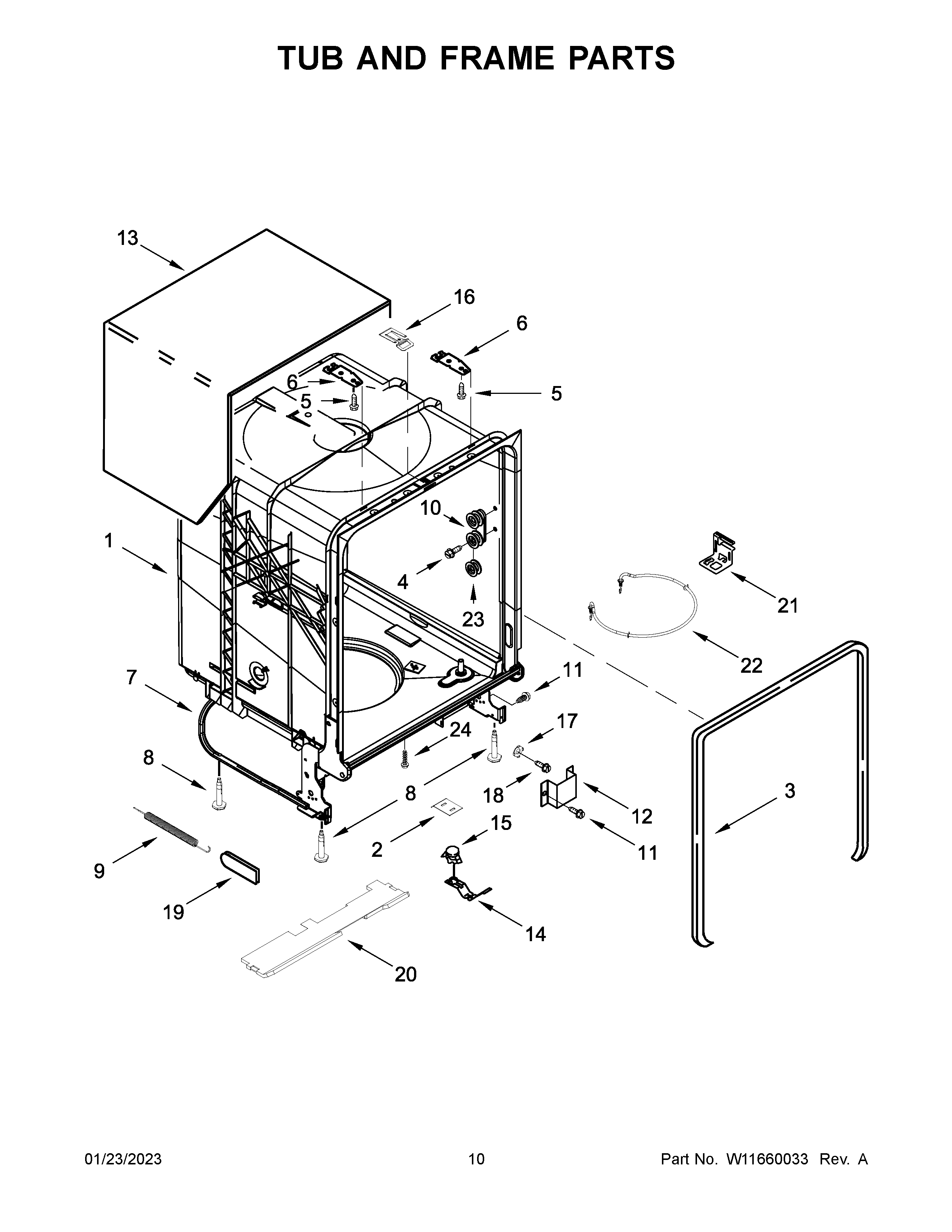 Whirlpool WDF340PAMT0 tub and frame parts diagram
