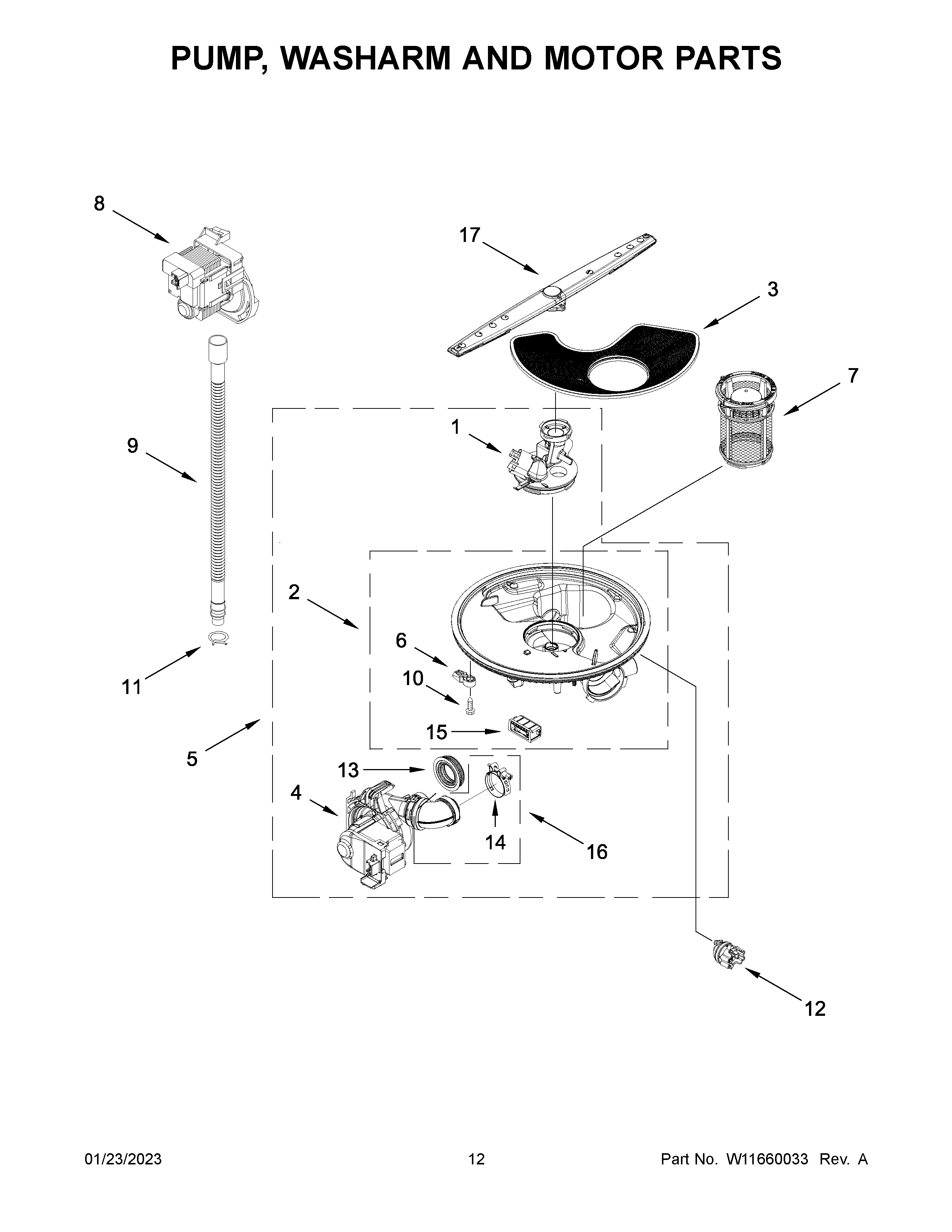 Whirlpool WDF340PAMT0 pump, washarm and motor parts diagram