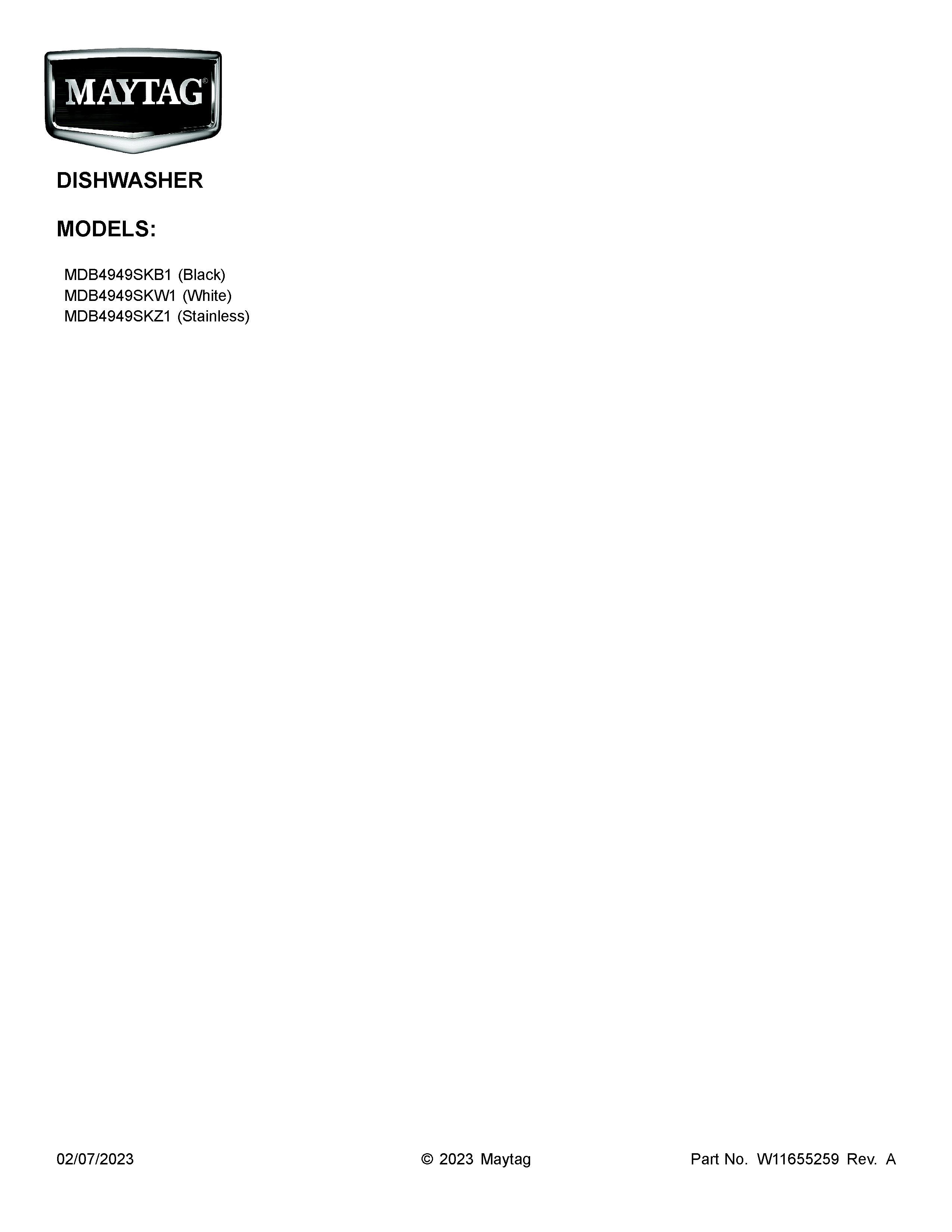 Maytag MDB4949SKB1 cover sheet diagram