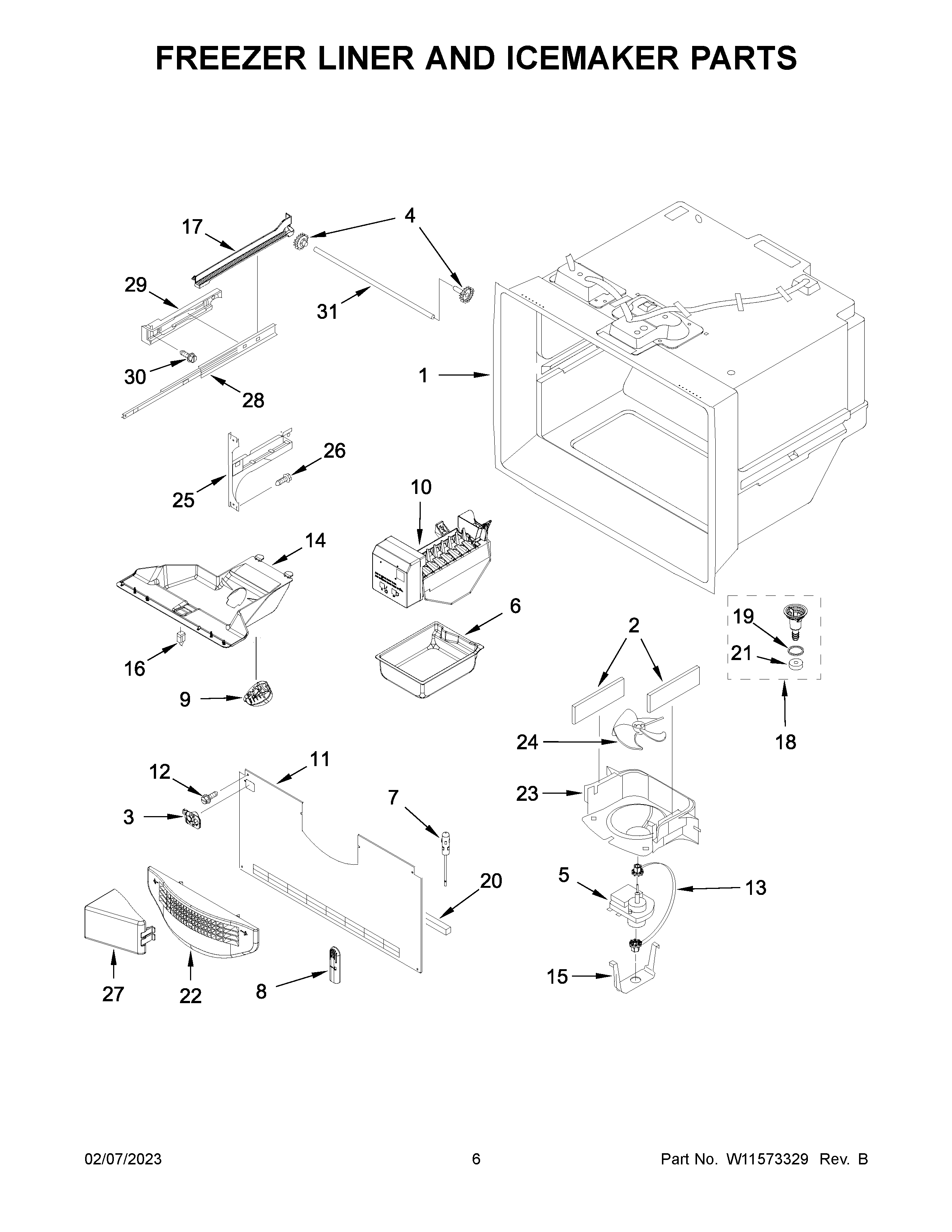 Whirlpool WRF535SMHZ08 freezer liner and icemaker parts diagram