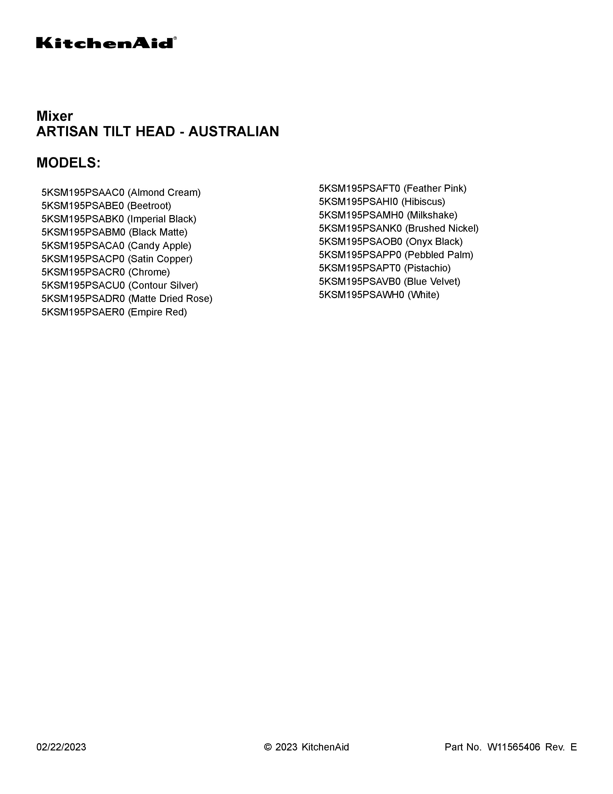 KitchenAid 5KSM195PSABK0 cover sheet diagram