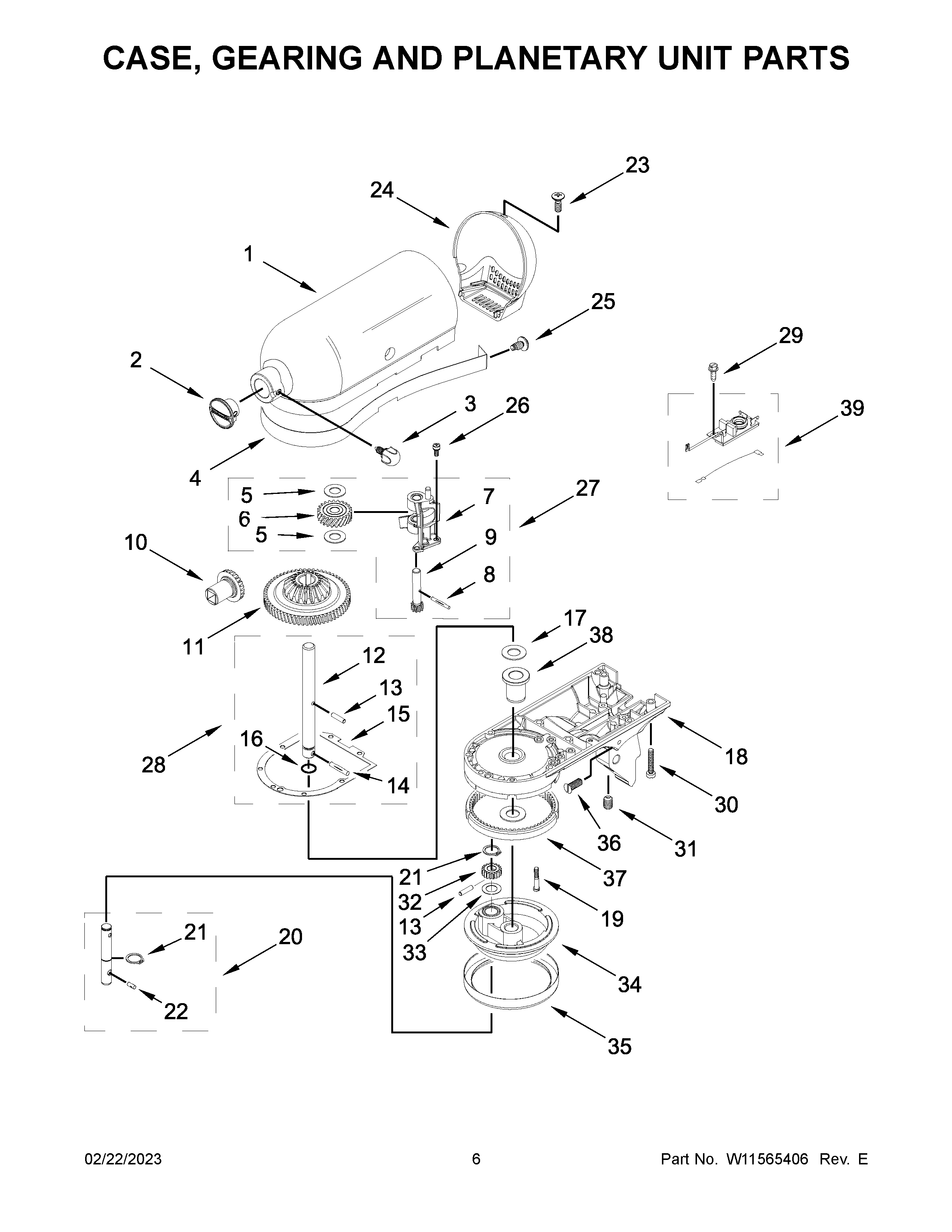 KitchenAid 5KSM195PSABK0 case, gearing and planetary unit parts diagram