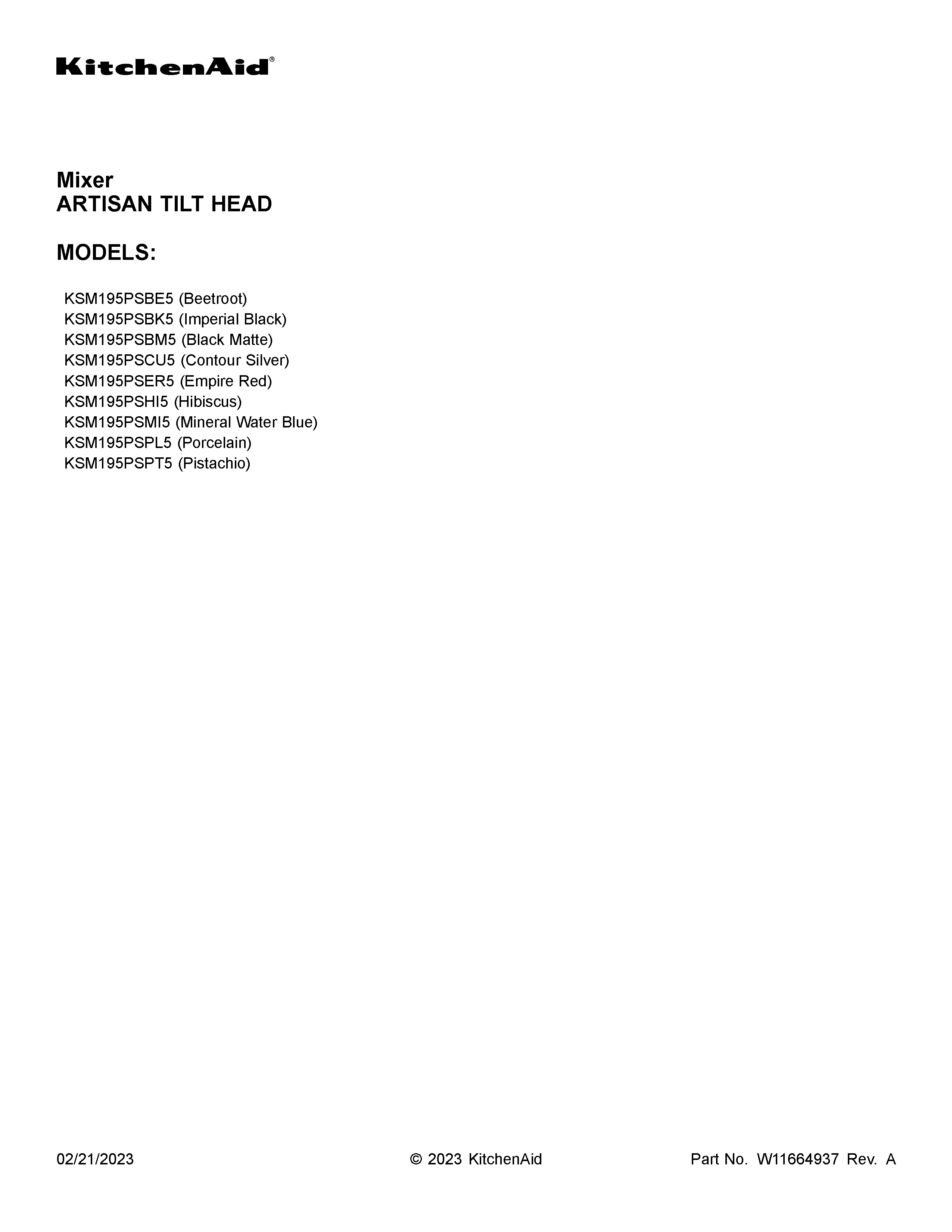 KitchenAid KSM195PSPL5 cover sheet diagram