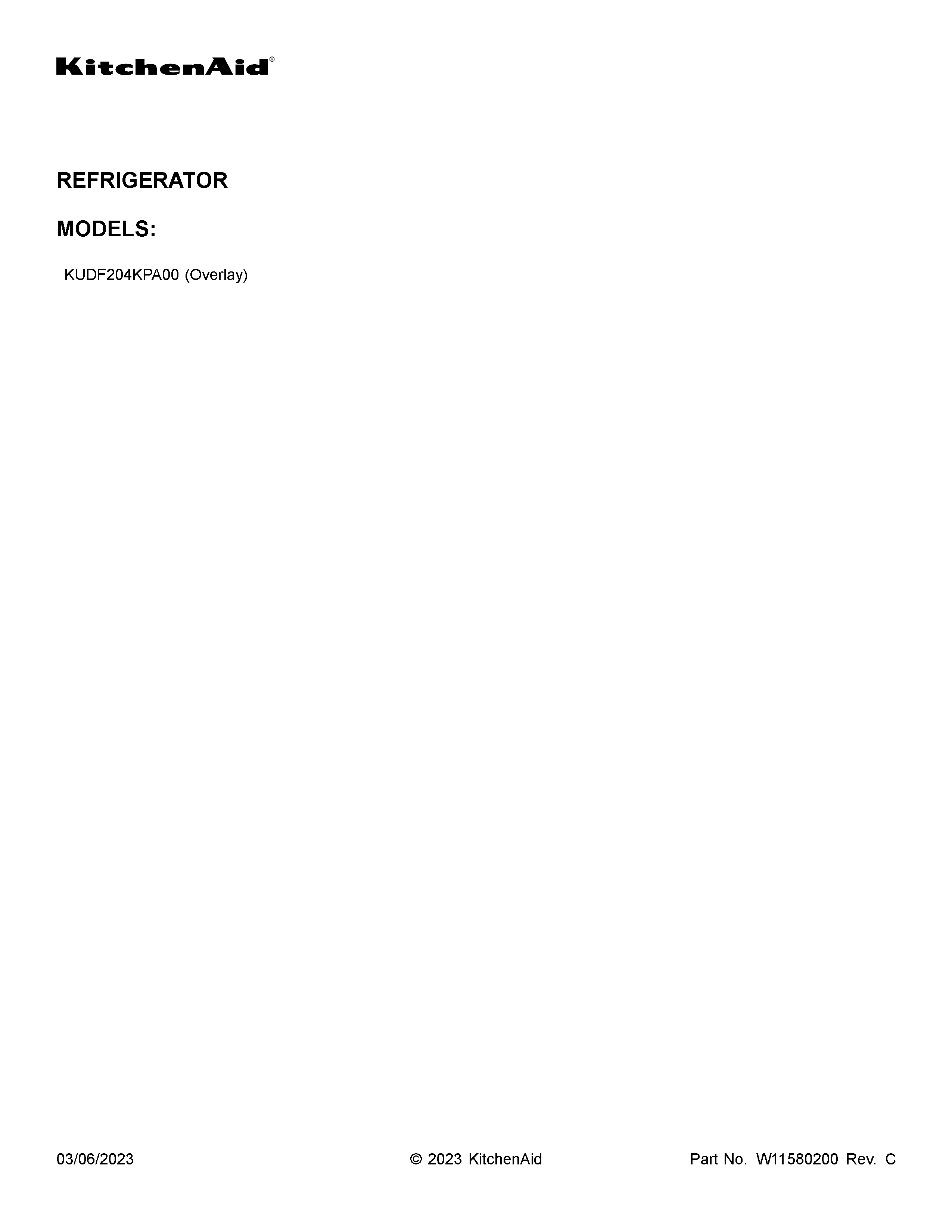 KitchenAid KUDF204KPA00 cover sheet diagram