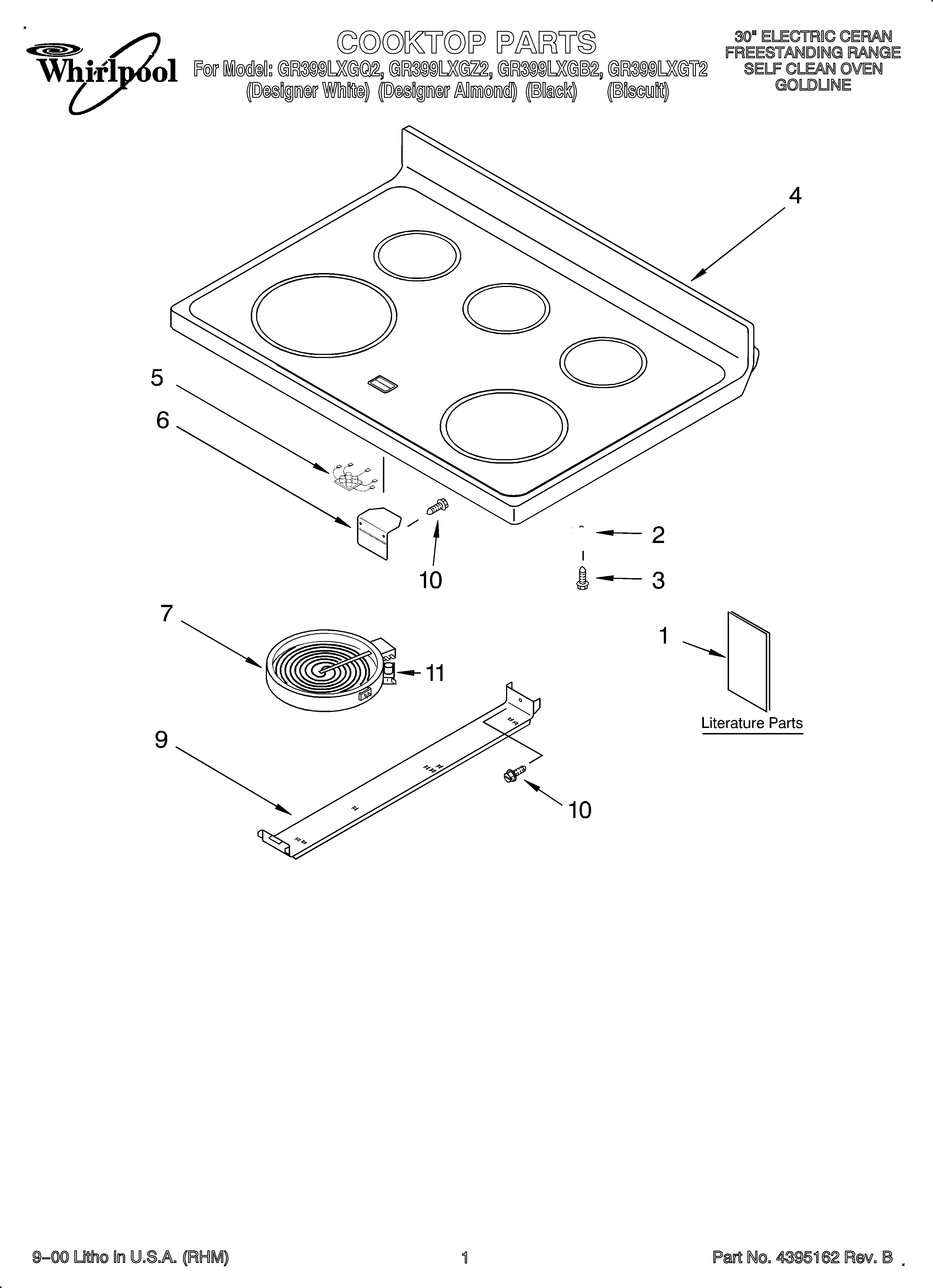 Whirlpool OEMGR399LXGT2 cooktop/literature diagram