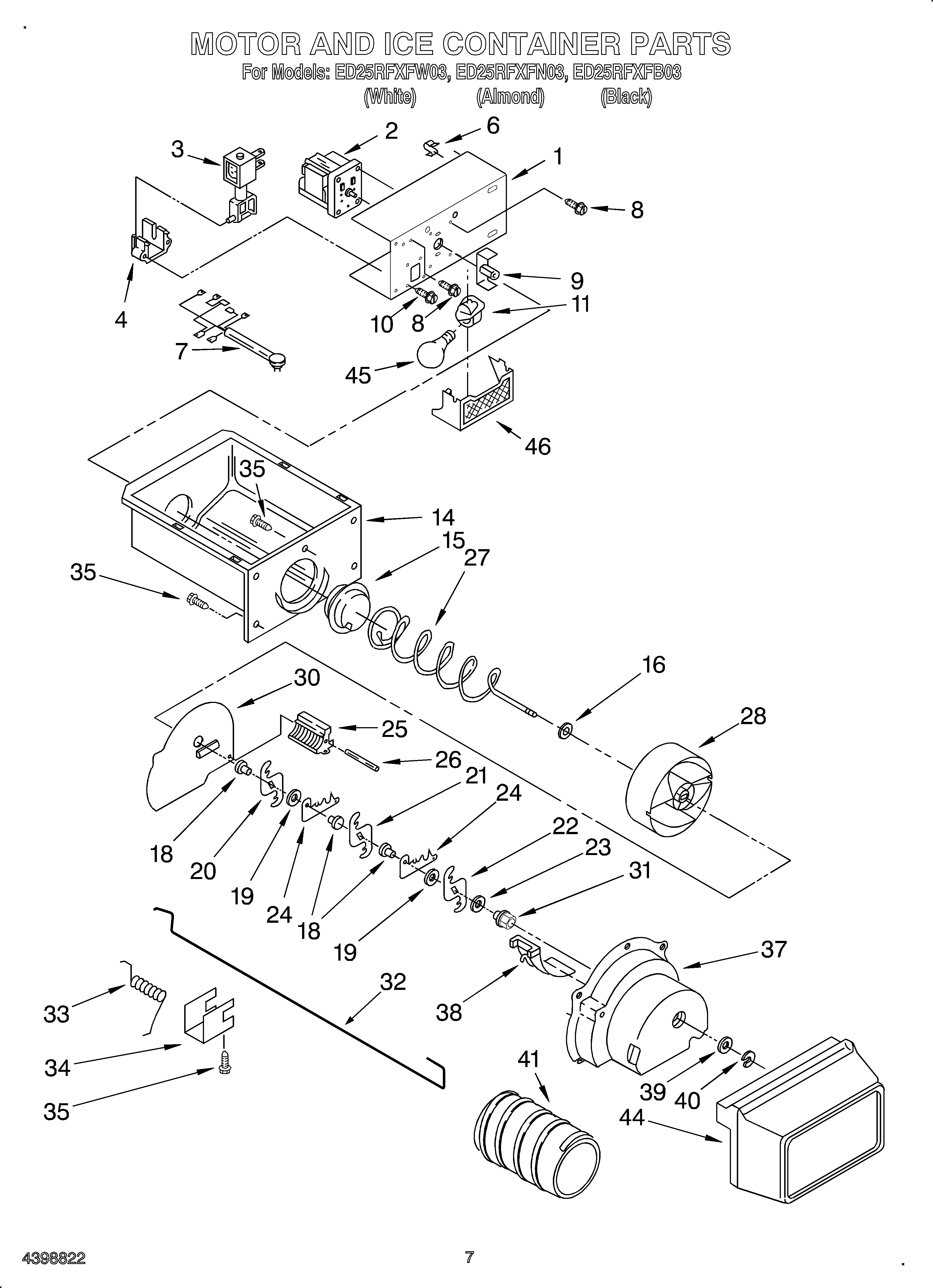 Whirlpool OEMED25RFXFN03 motor and ice container diagram