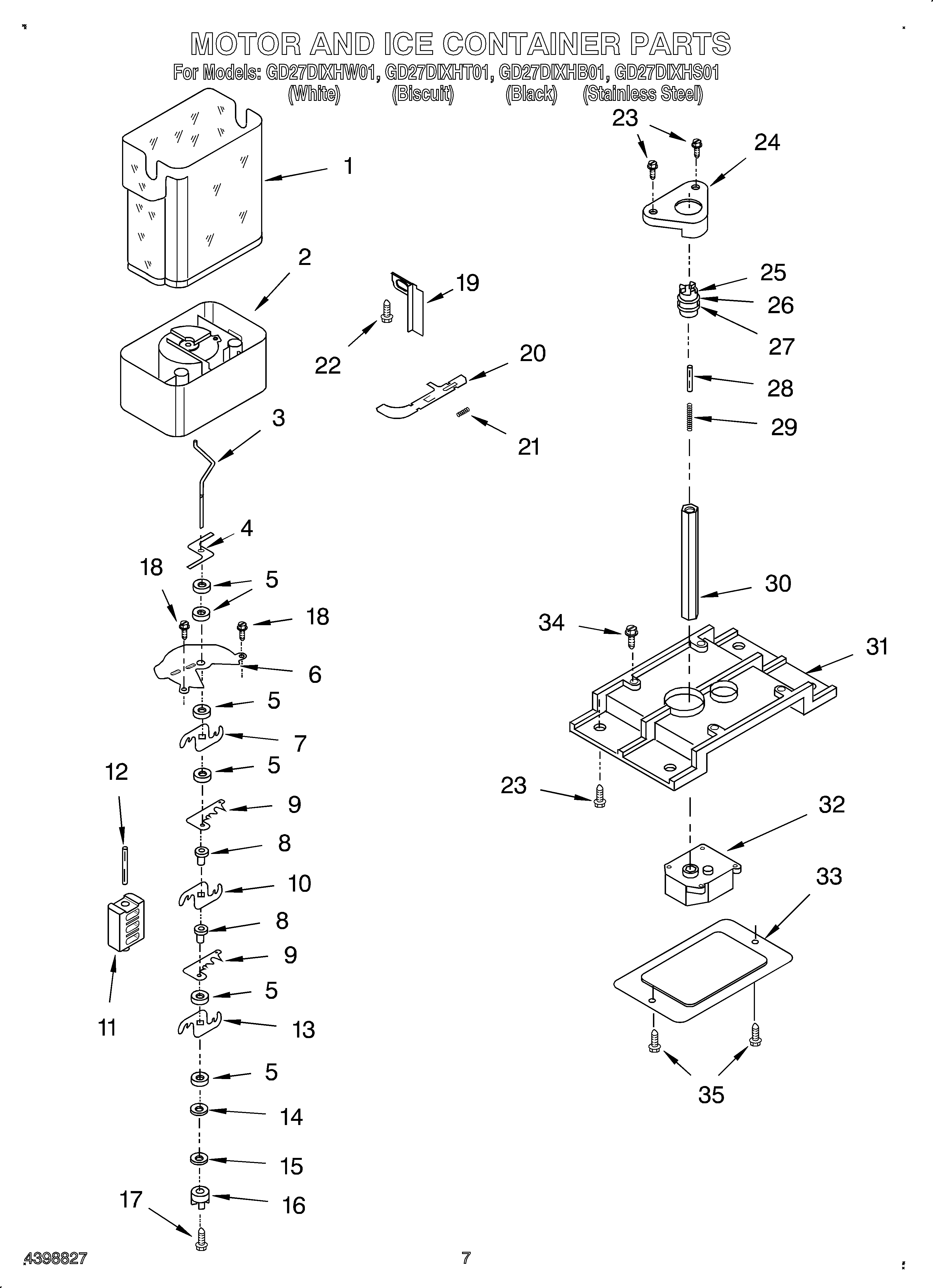 Whirlpool OEM3-GD27DIXHS01 motor and ice container diagram