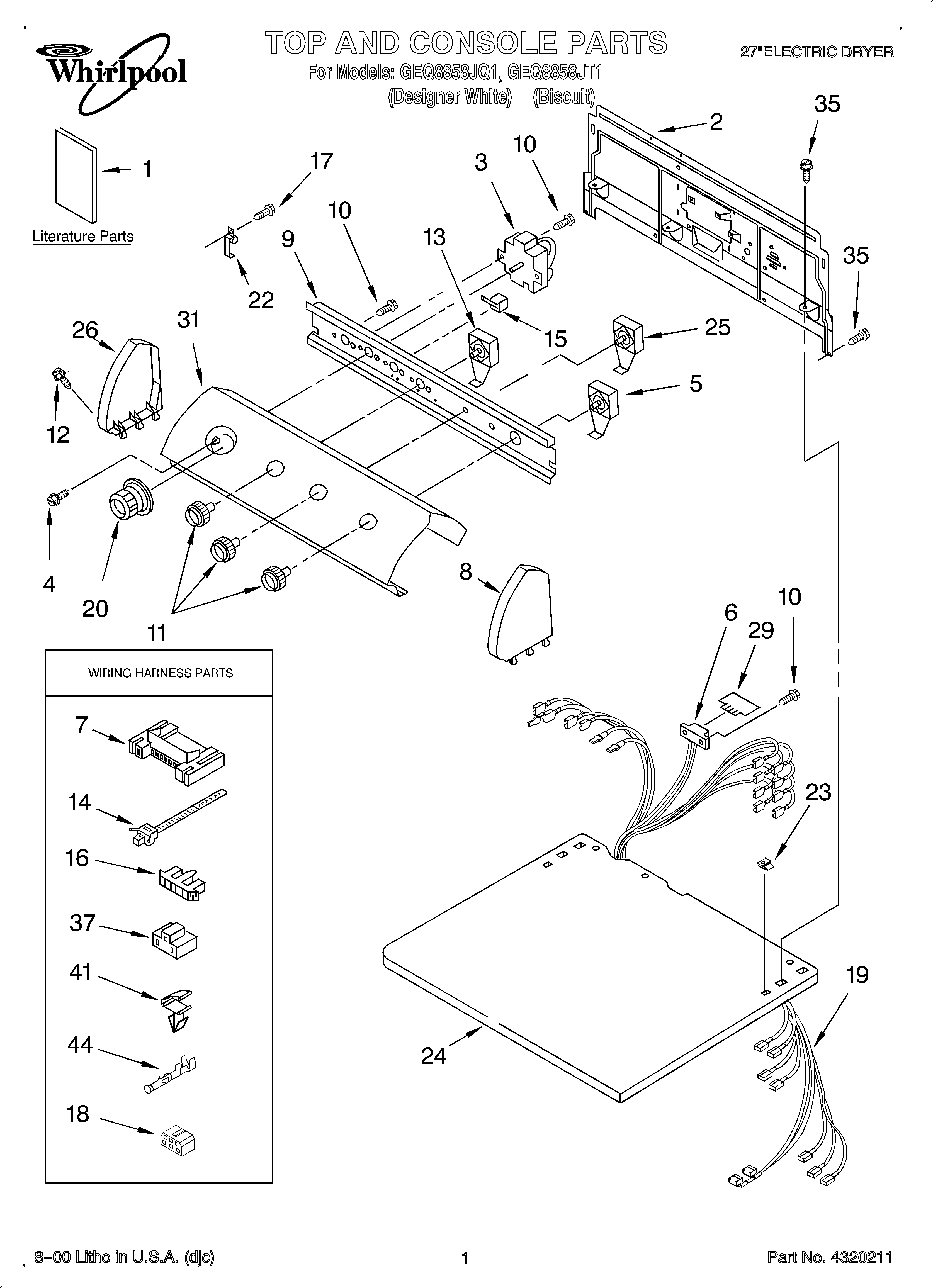 Whirlpool OEM3-GEQ8858JT1 top and console/lit/optional diagram
