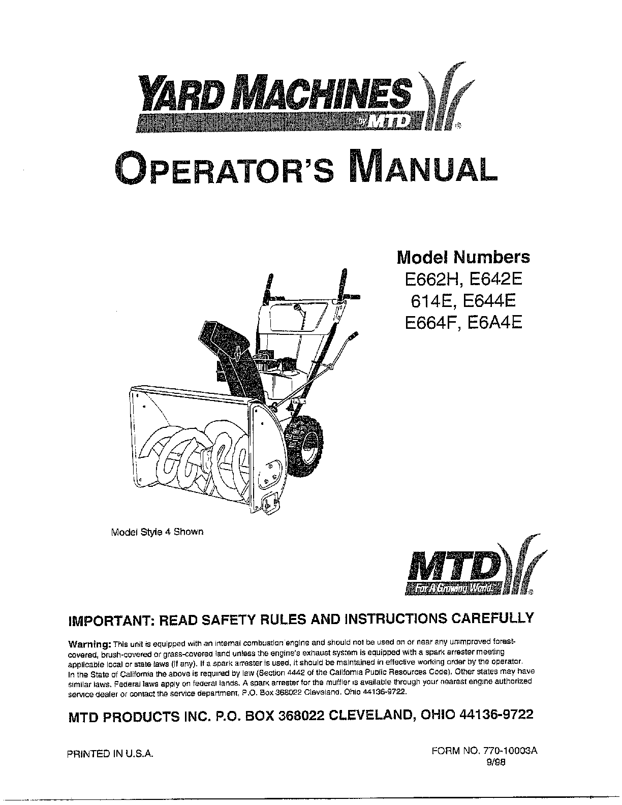 MTD 614E snow thrower diagram