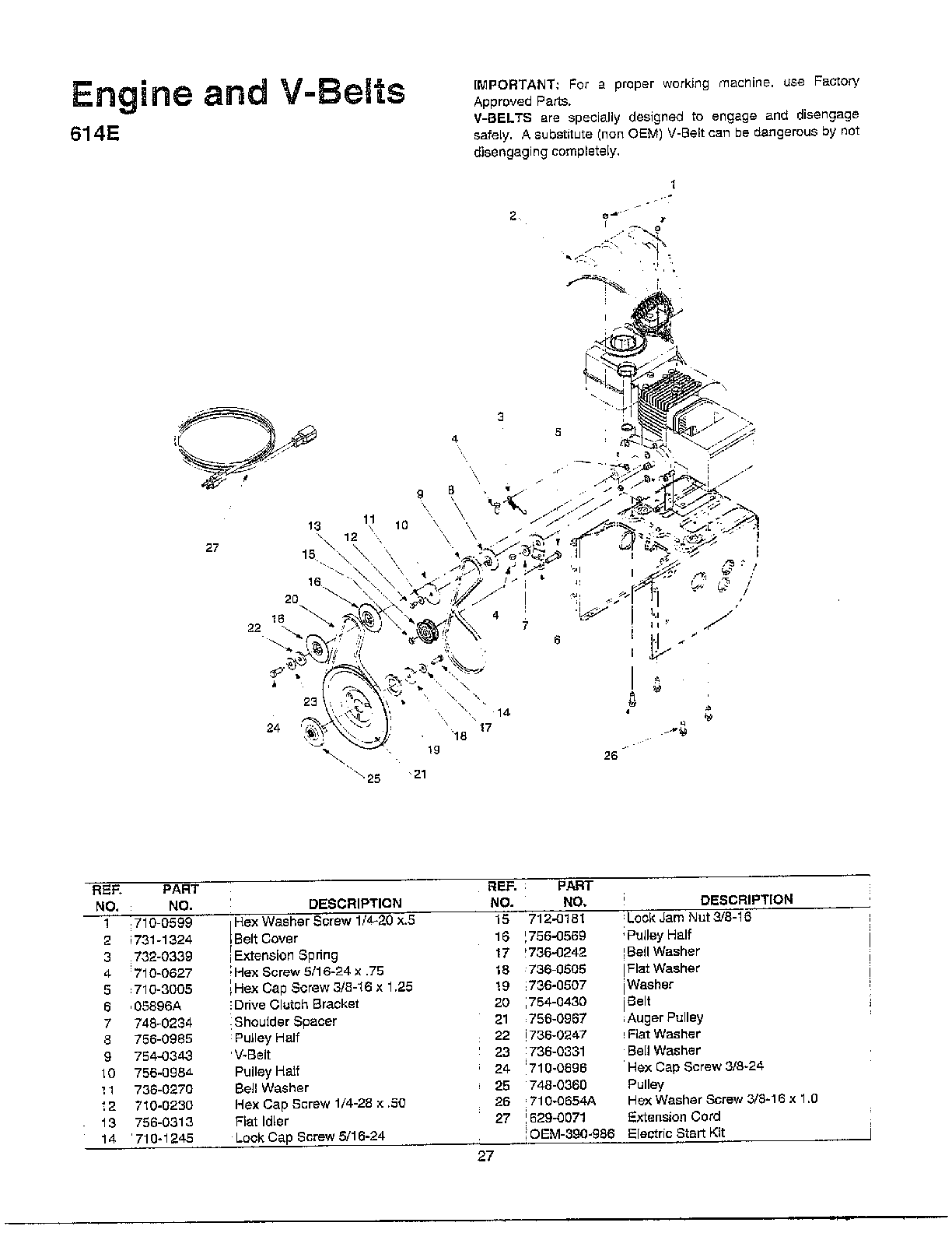 MTD 614E engine/v-belts diagram