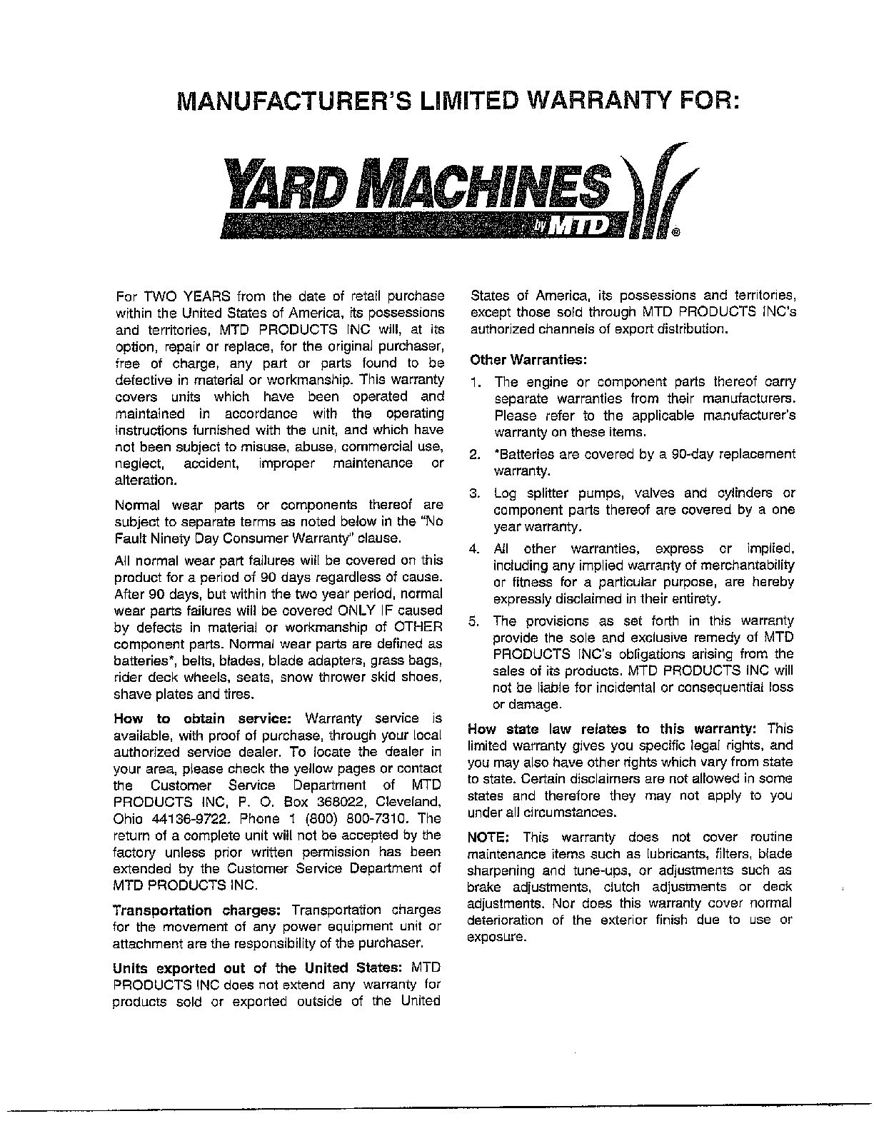 MTD 614E warranty/back cover diagram