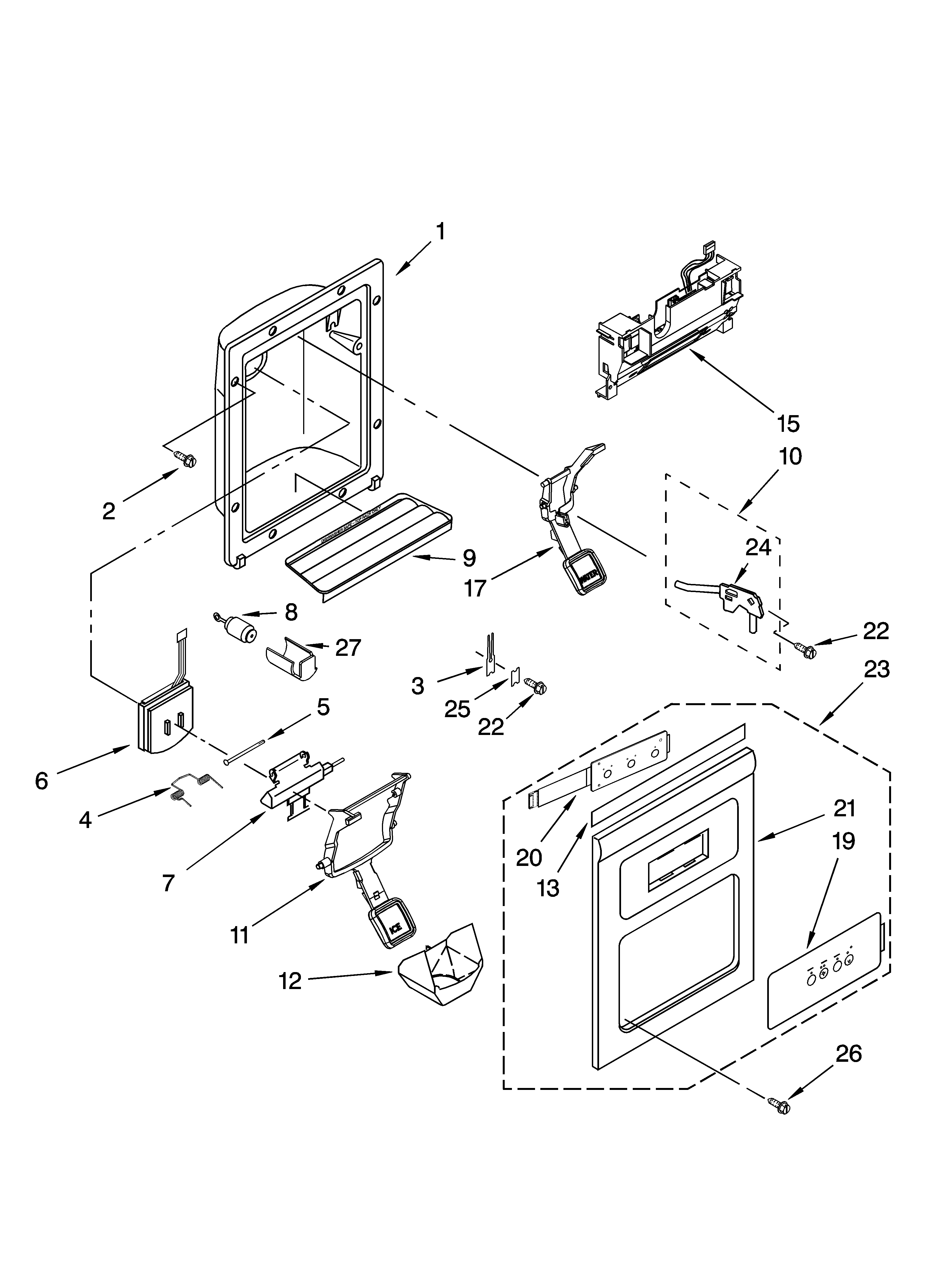 KitchenAid KSCS25FSBT02 dispenser front parts diagram