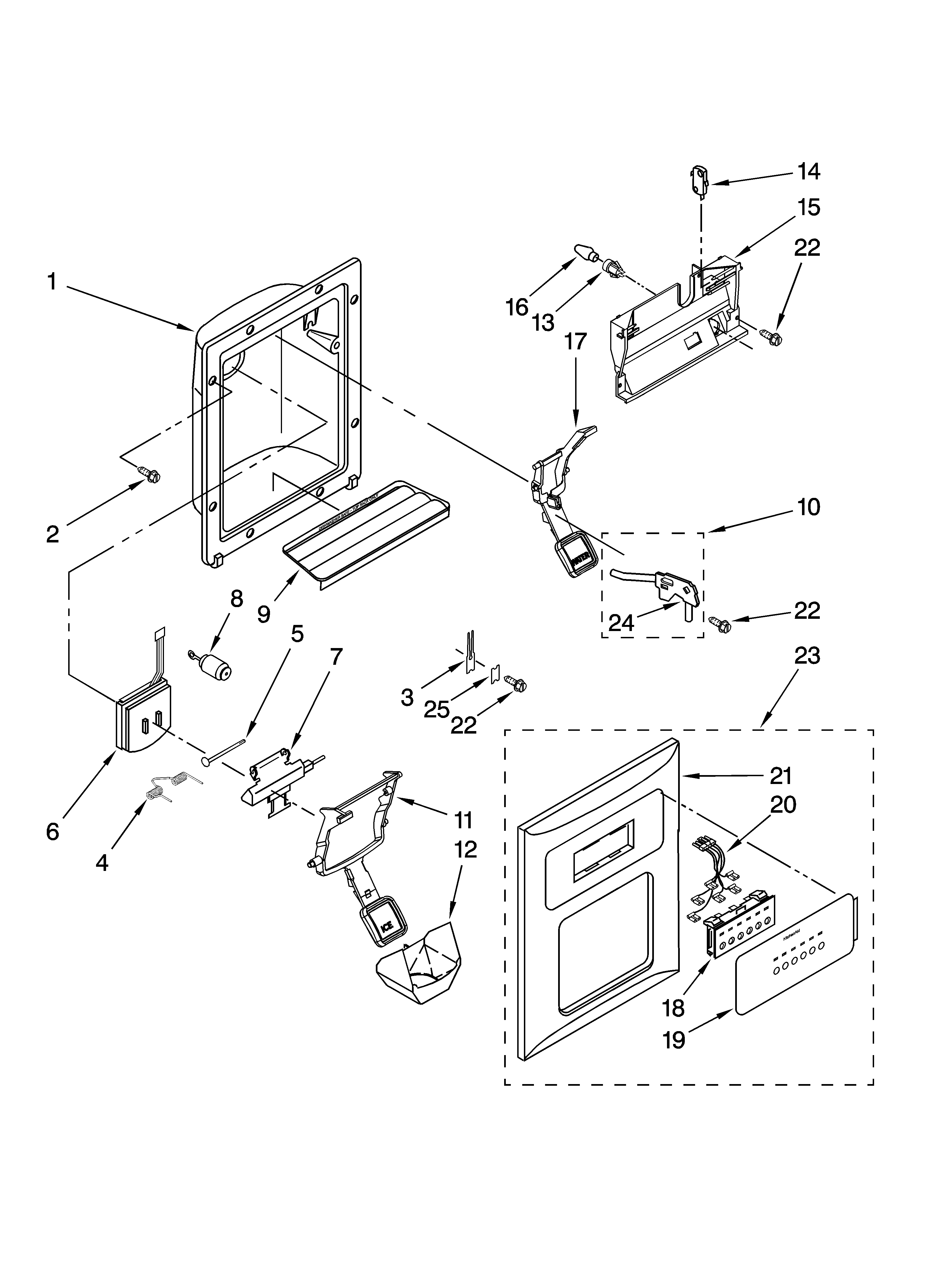 KitchenAid KSRD22FTST02 dispenser front parts diagram