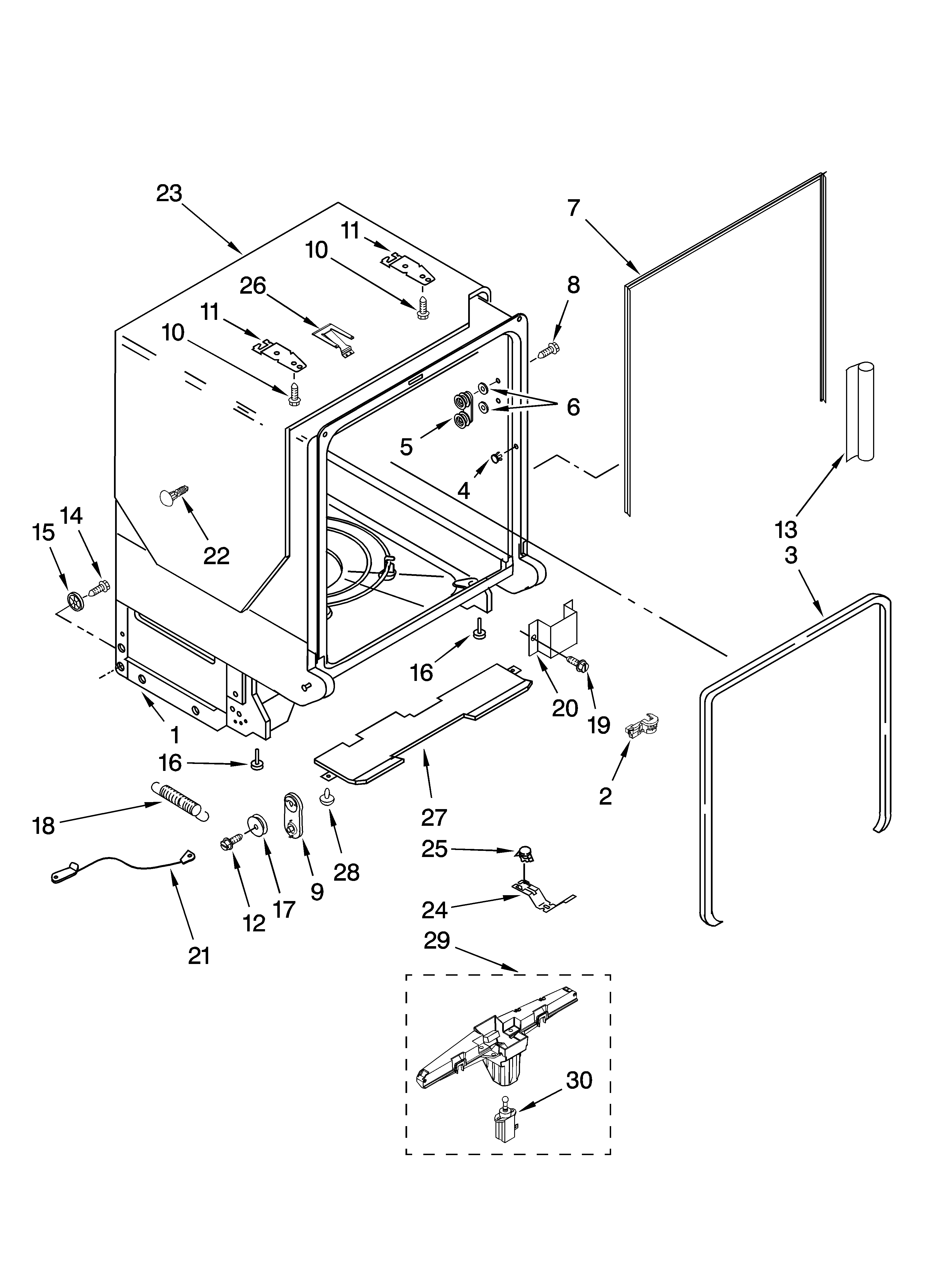 KitchenAid KUDB03CTBL0 tub and frame parts diagram