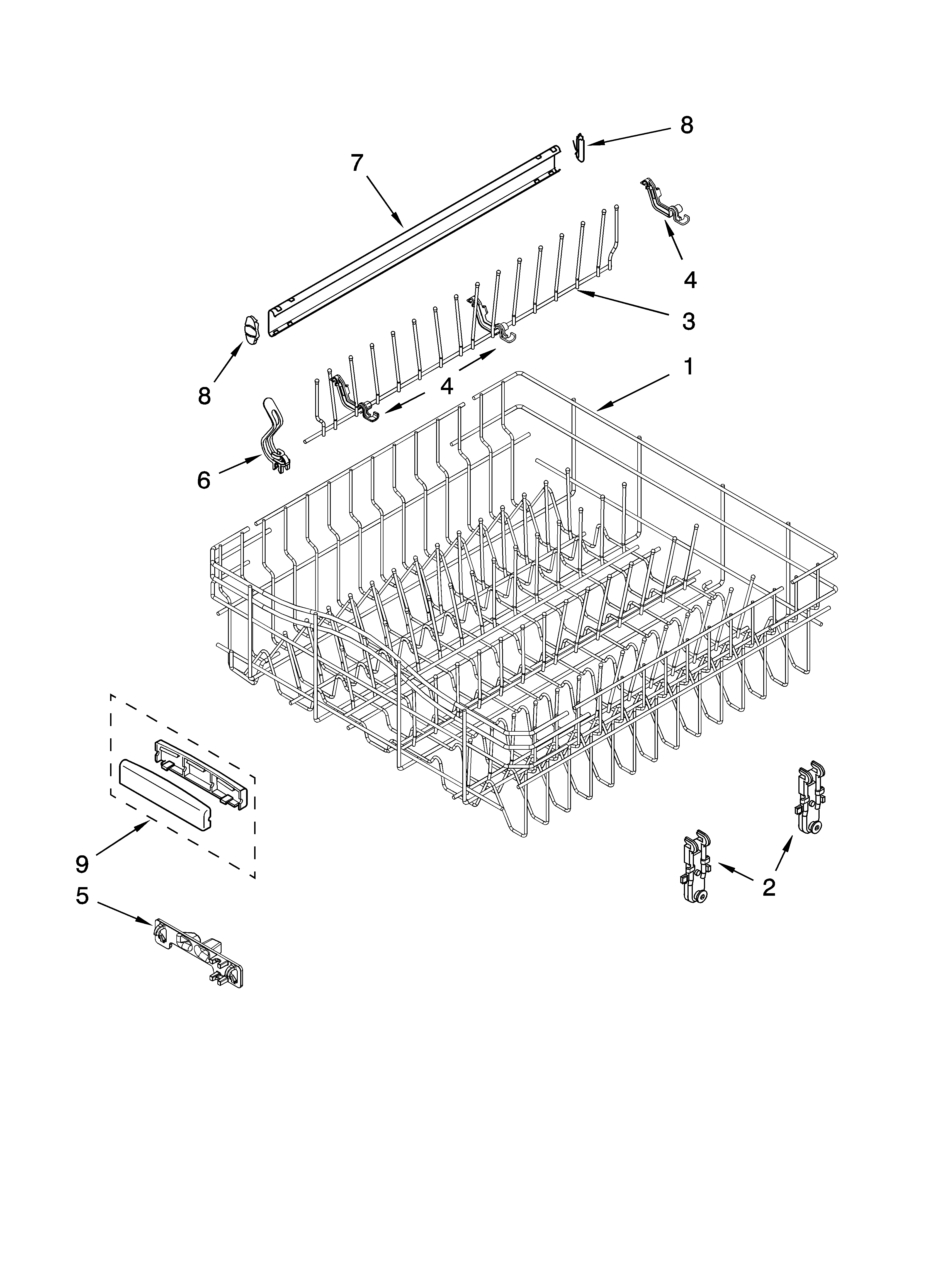 KitchenAid KUDX03FTSS0 upper rack and track parts diagram