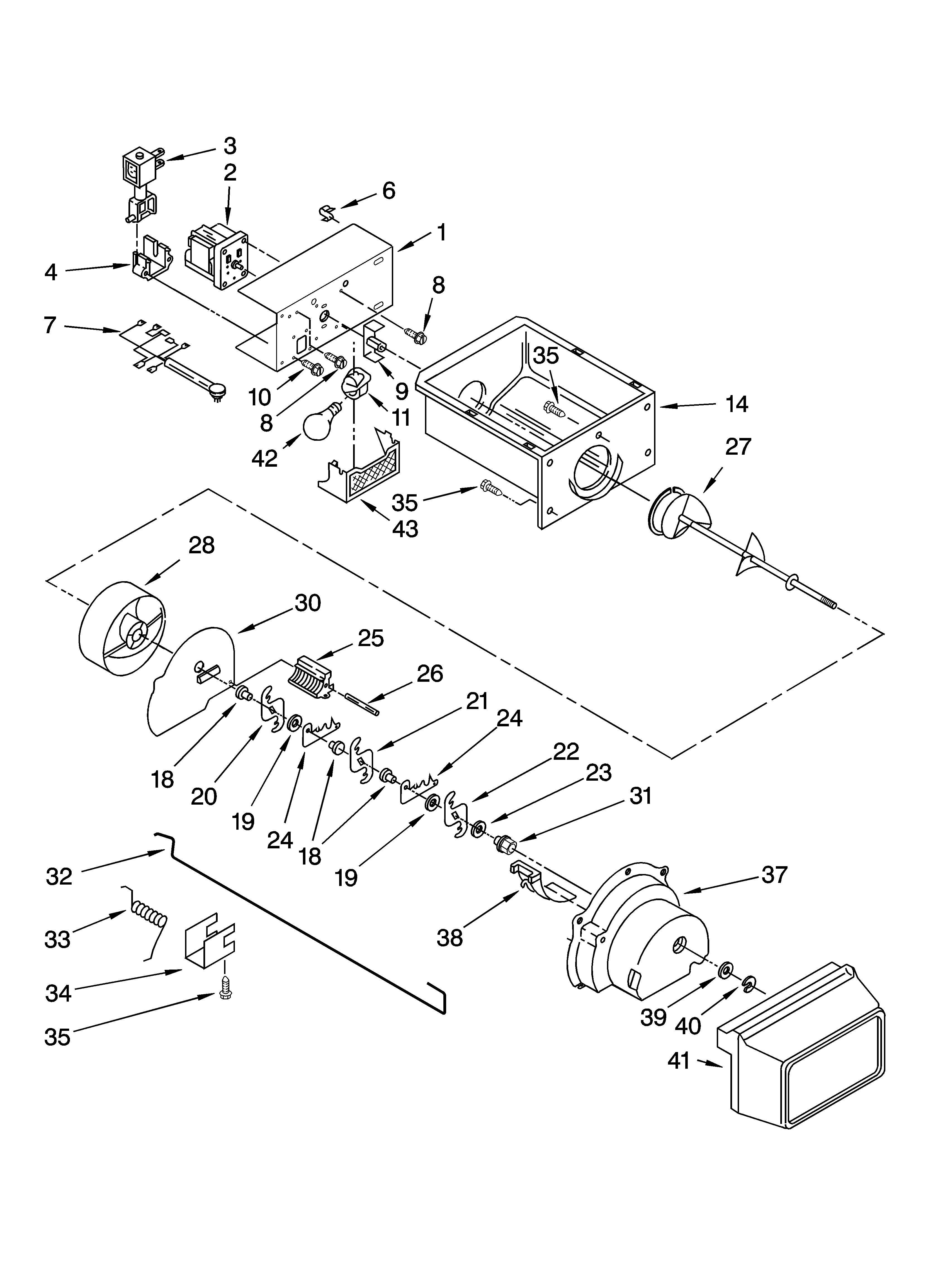 Whirlpool ED2VHEXSB00 motor and ice container parts diagram