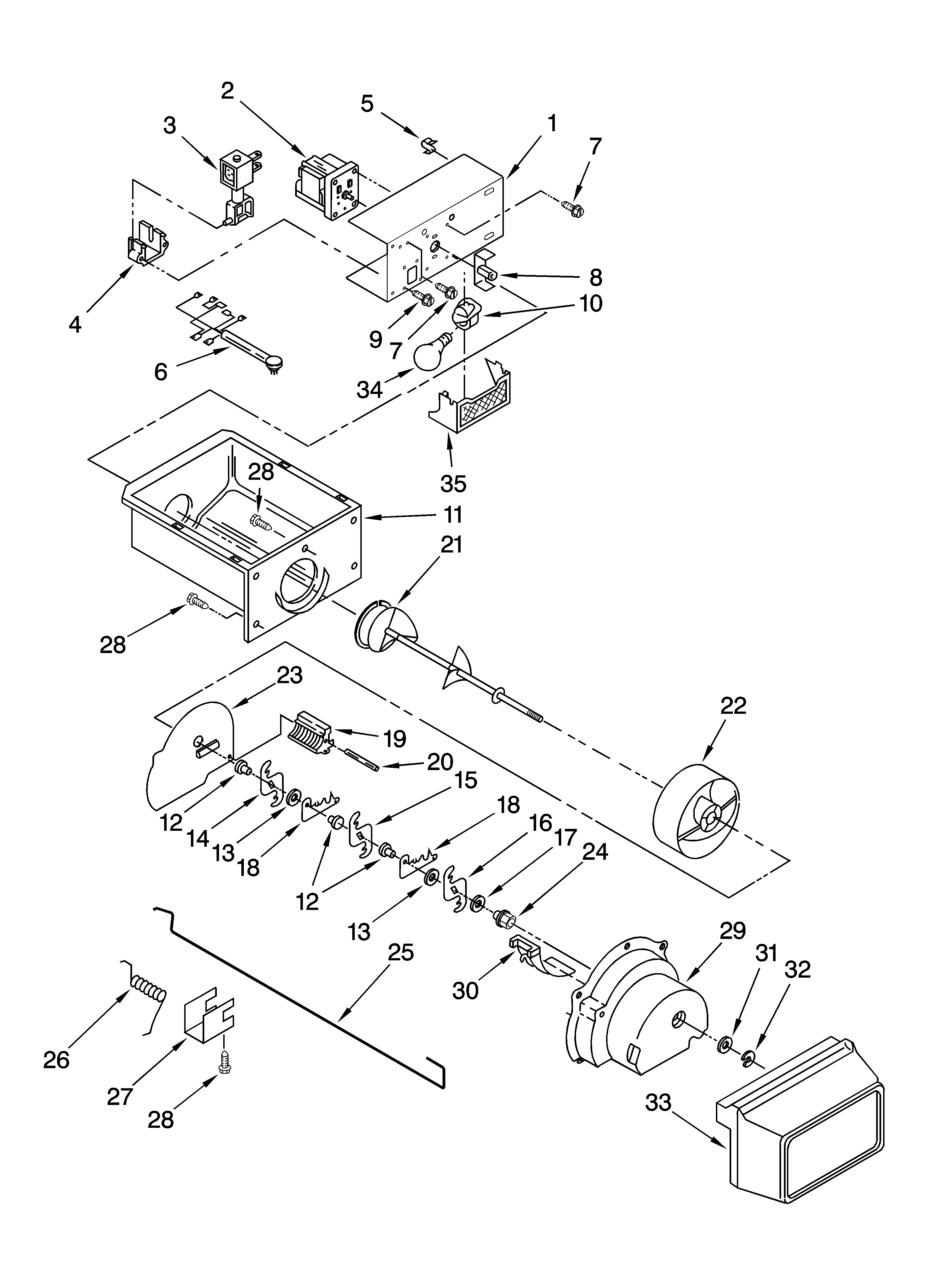 Whirlpool ED5FVGXSS02 motor and ice container parts diagram