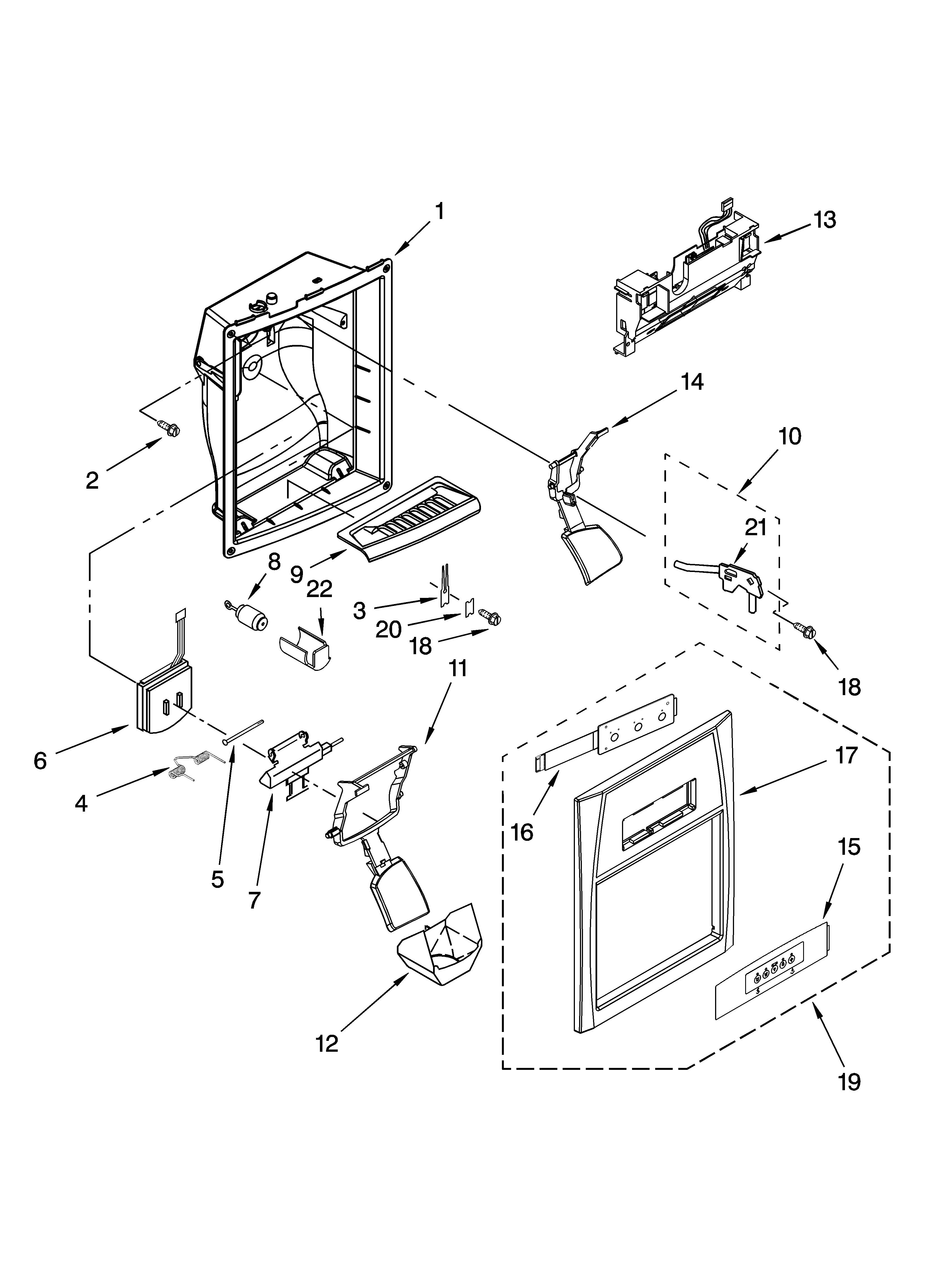 Whirlpool 7GS5FHAXTA01 dispenser front parts diagram