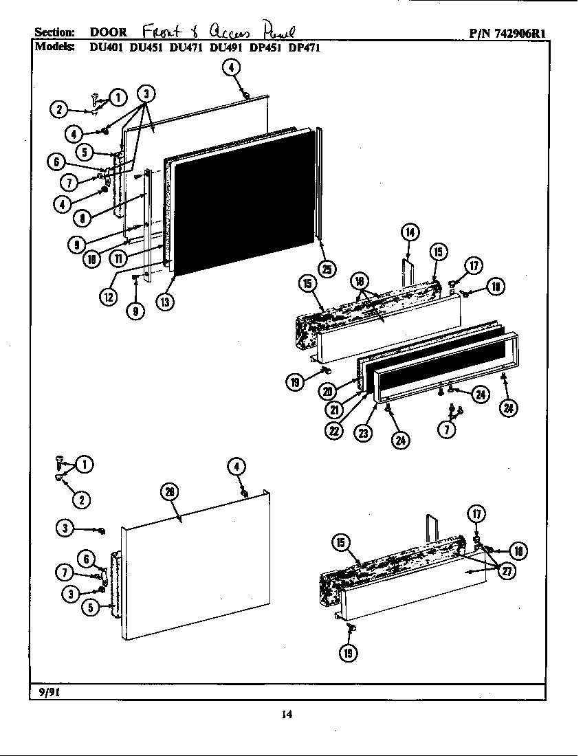 Jenn-Air DP451 door front & access panel diagram