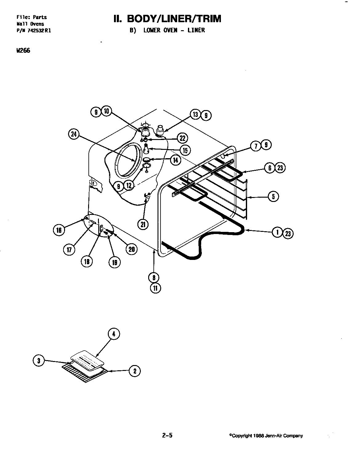 Jenn-Air W266 body-liner/trim-lower oven diagram