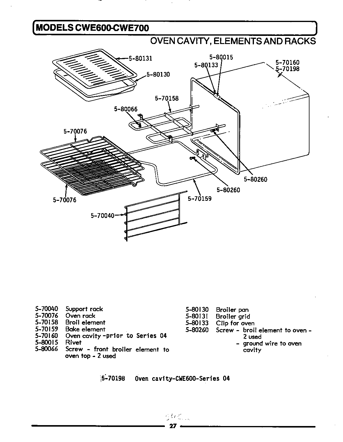 Maytag CWE700 oven cavity, elements & racks diagram