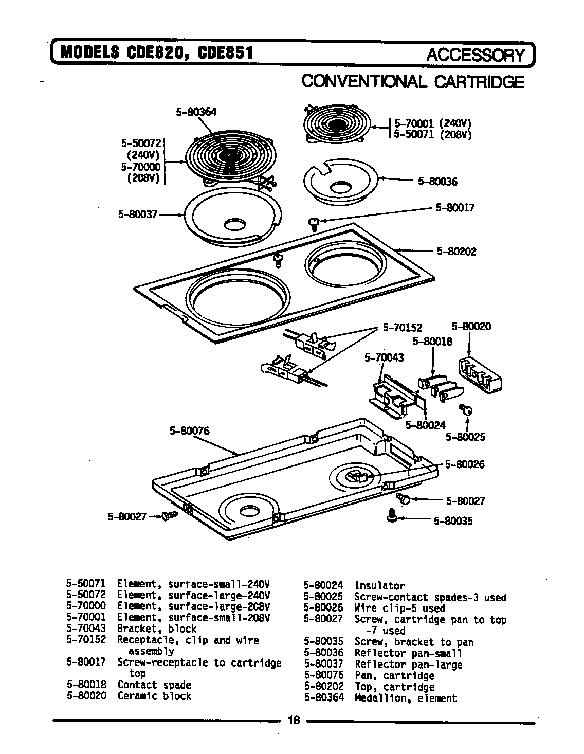 Maytag CDE851 conventional cartridge - accessory diagram