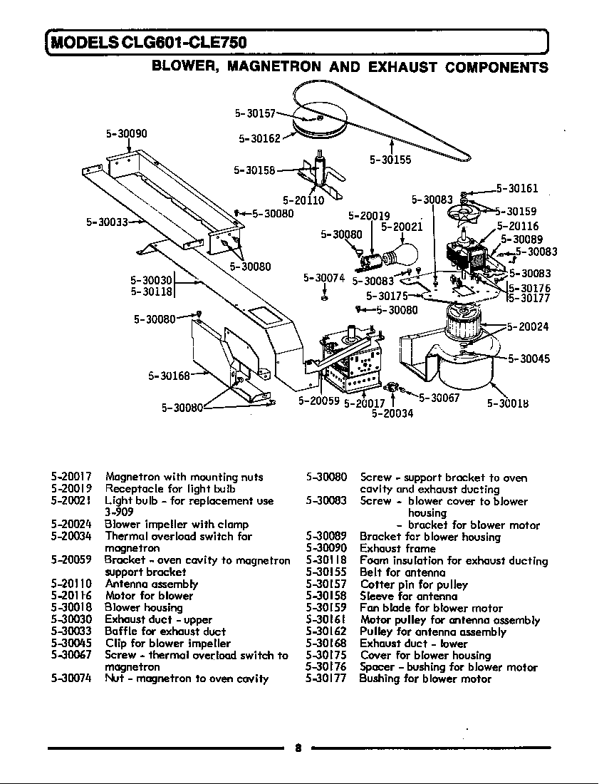 Maytag CLE750 blower, magnetron & exhaust components diagram