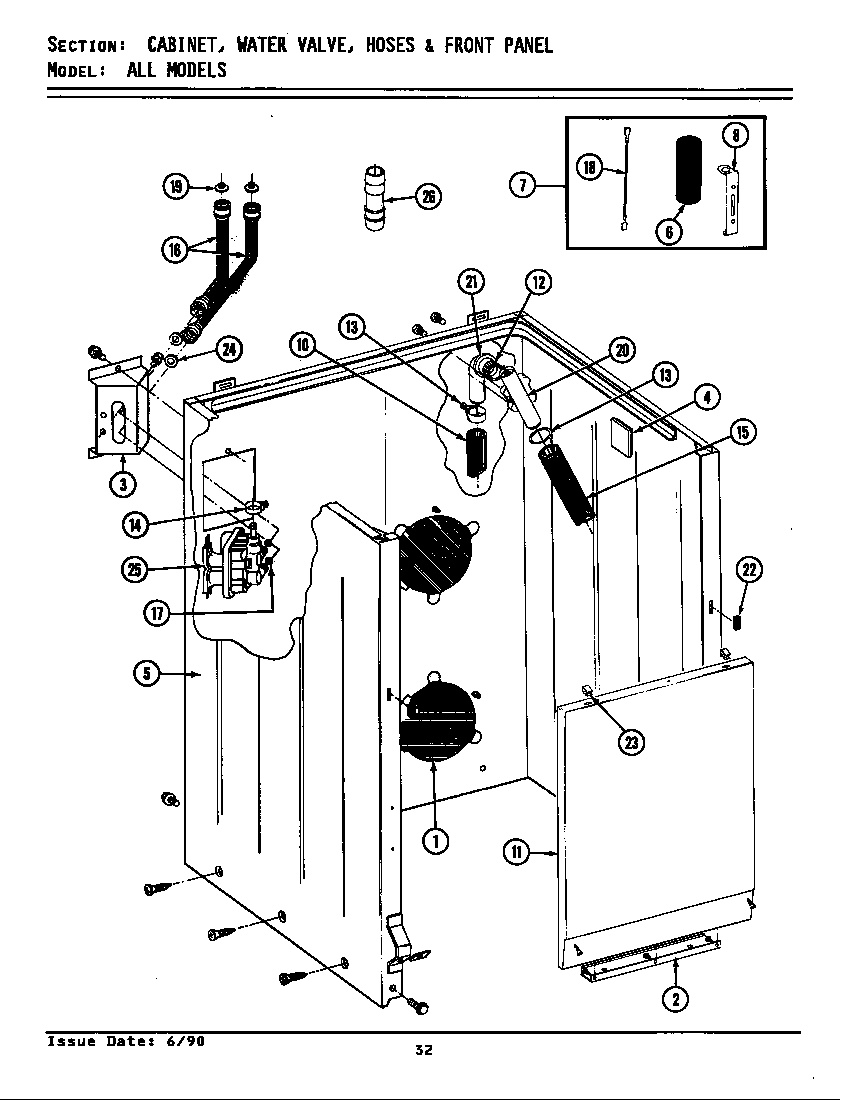 Maytag GA7400 cabinet, water valve, hoses & frnt panel diagram