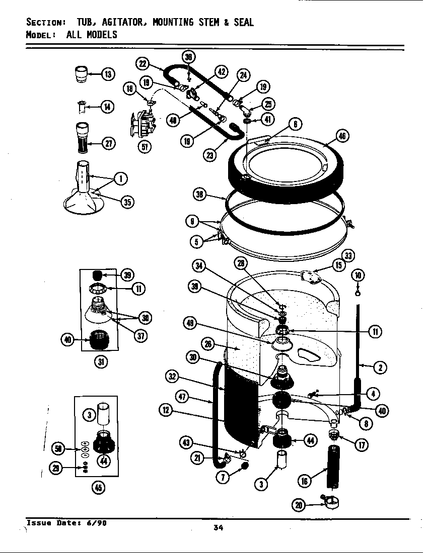 Maytag GA7400 tub, agitator, mounting stem & seal diagram