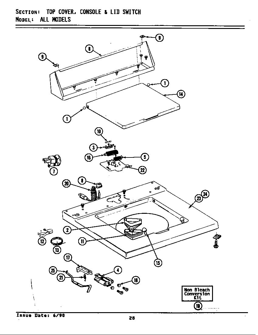 Maytag LA8200 top cover, console & lid switch diagram
