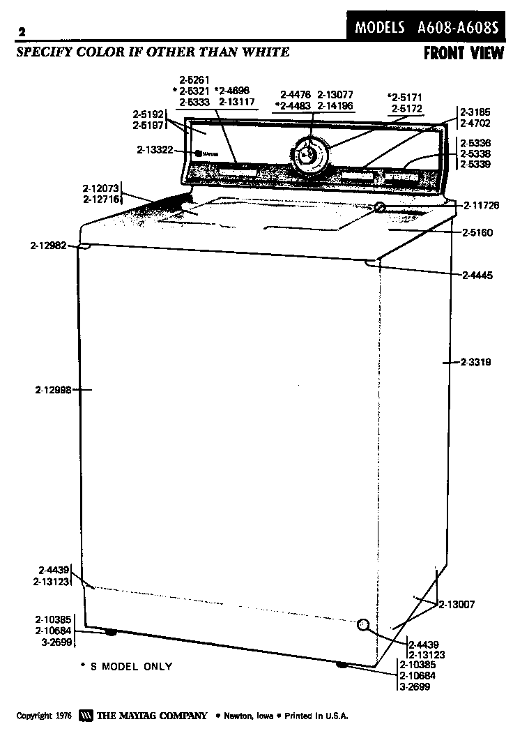 Maytag LA608 front view diagram