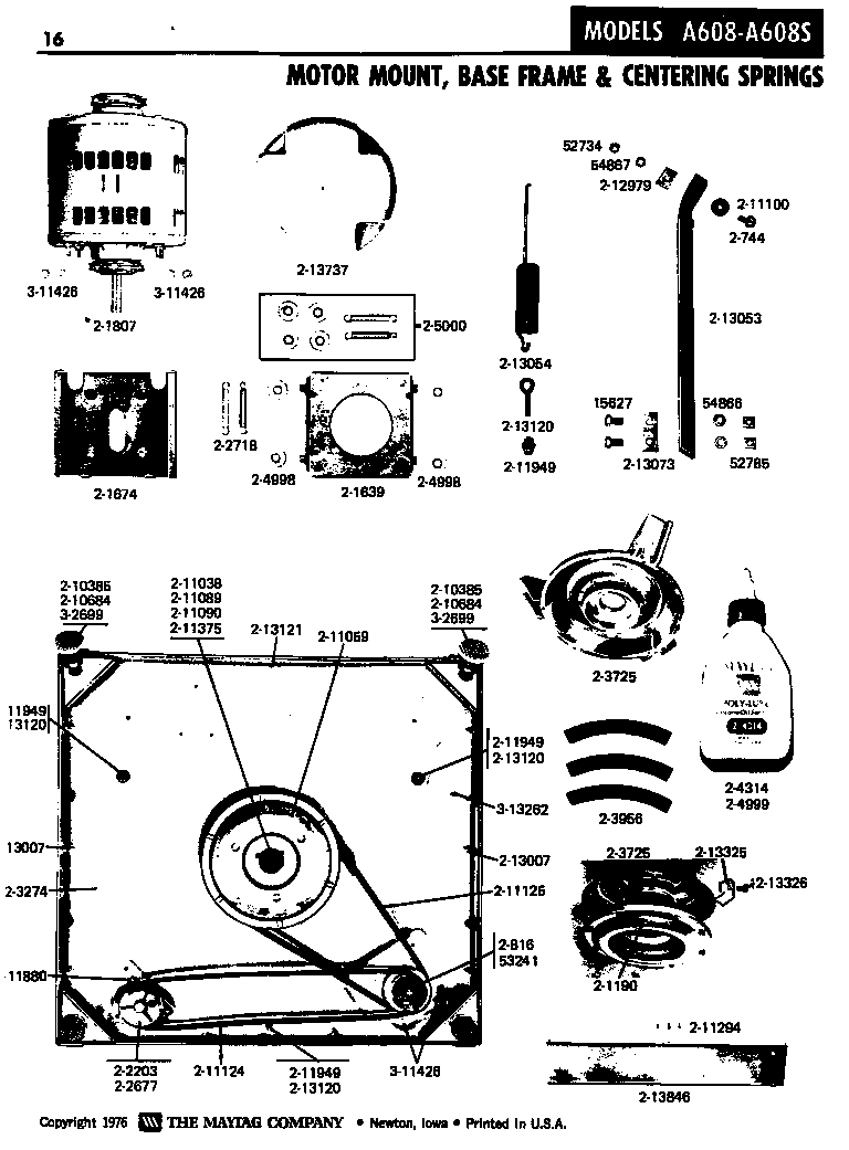 Maytag LA608 motor mount, base frame & centering sprs diagram