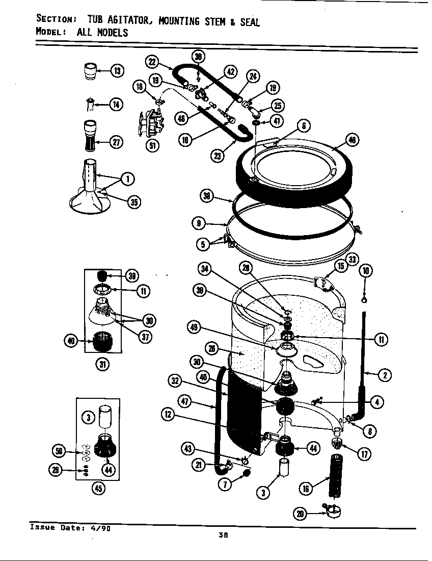 Maytag A8600 tub, agitator, mounting stem & seal diagram
