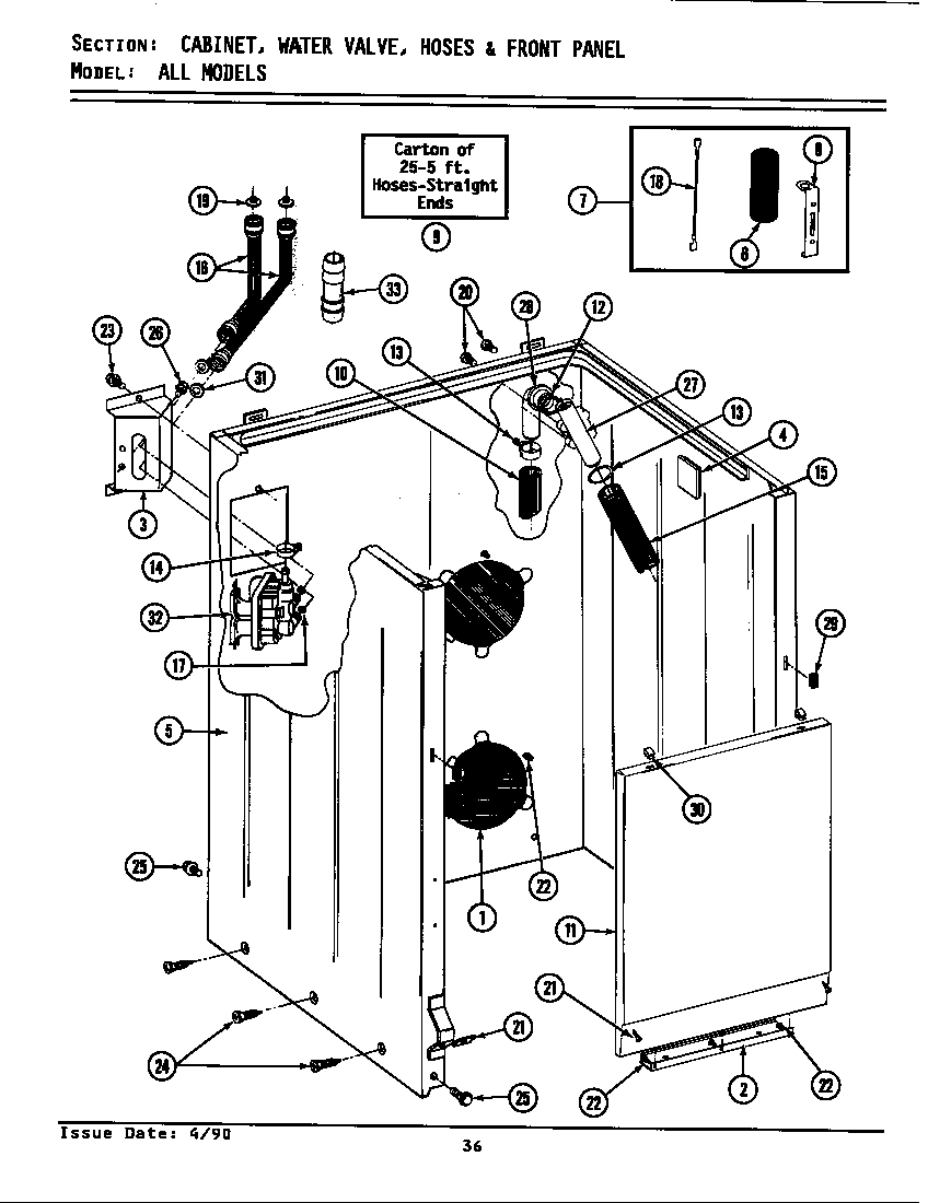 Maytag LA9600 cabinet, water valve, hoses & frnt panel diagram
